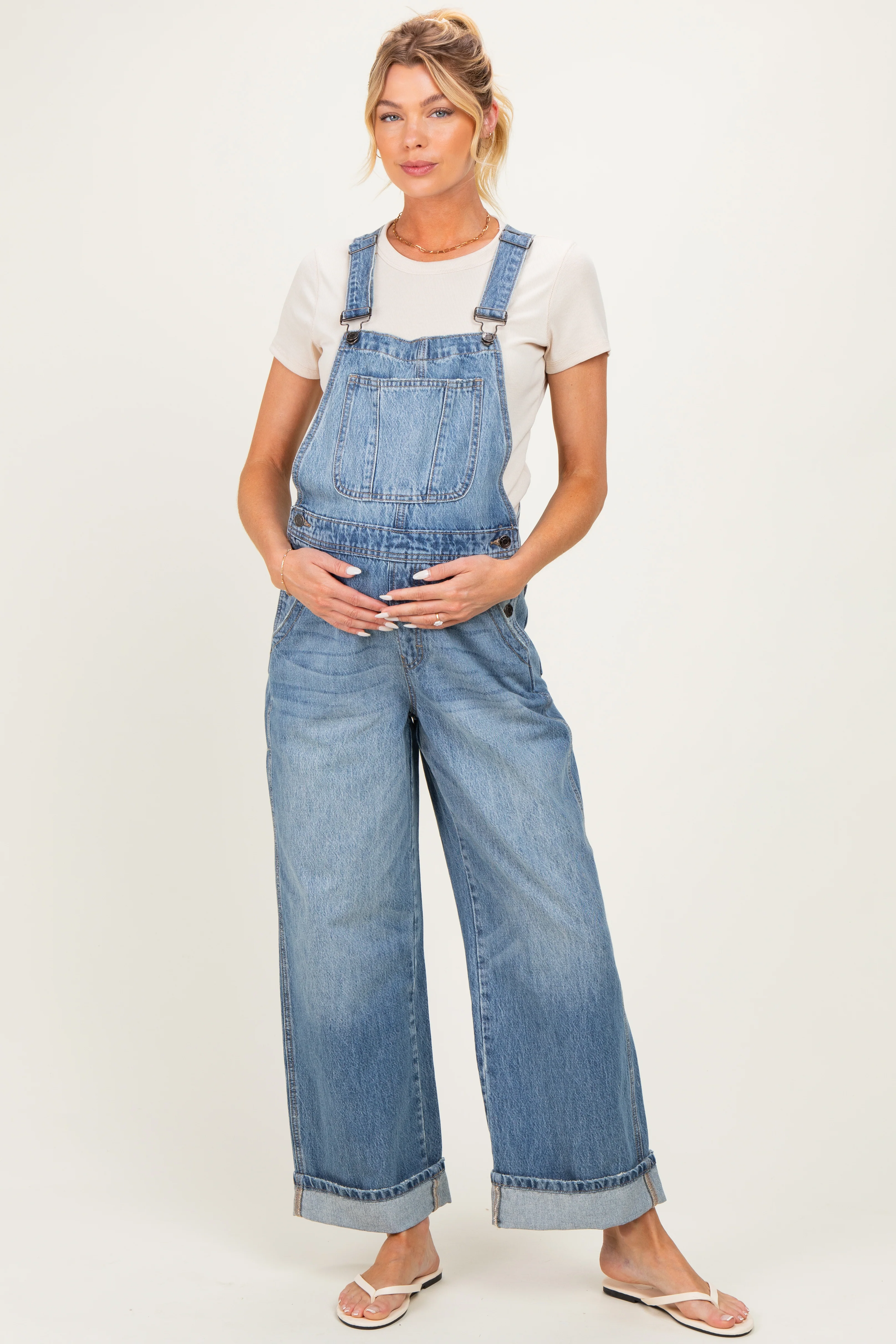 Blue Wide Leg Maternity Denim Cuffed Overalls - Image 3