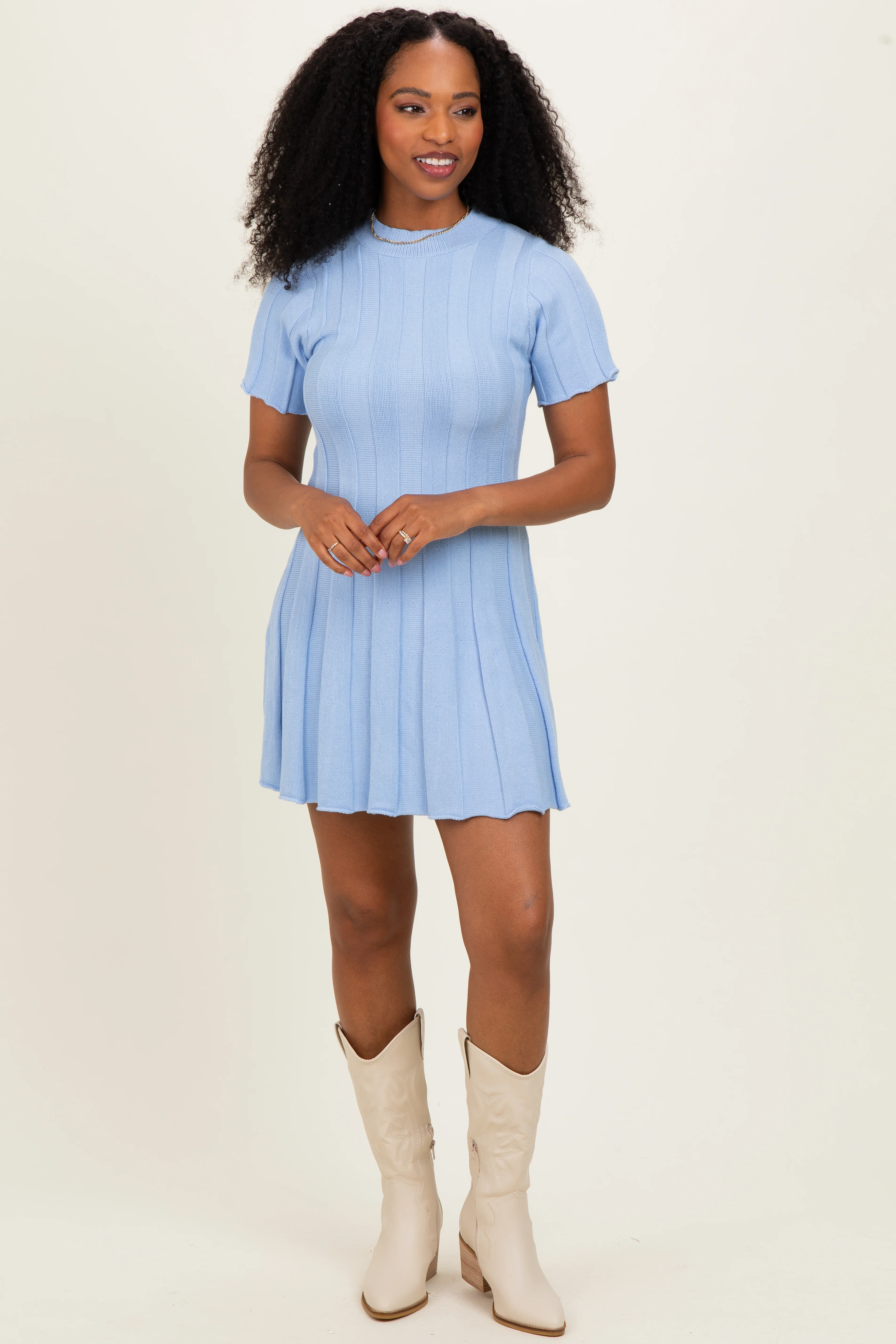 Blue Wide Rib Knit Short Sleeve Maternity Mini Dress - Image 4