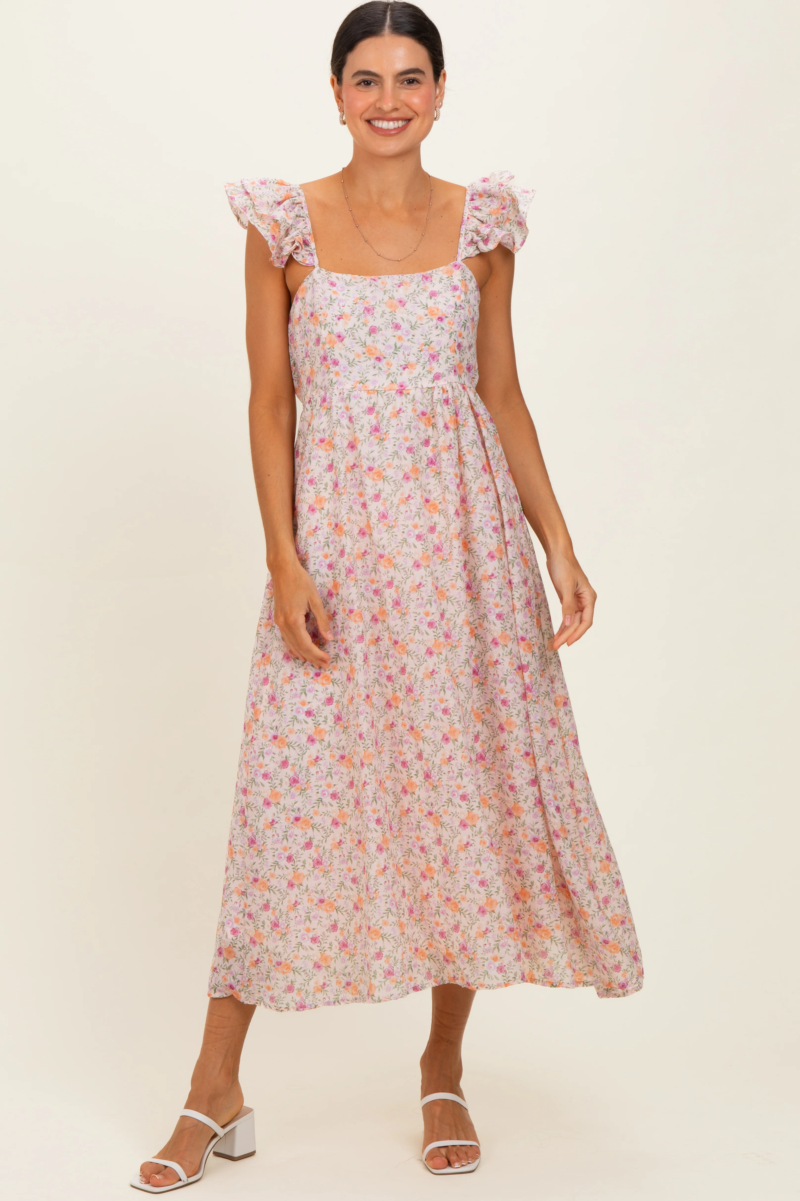 Blush Floral Ruffle Strap Maternity Midi Dress - Image 5