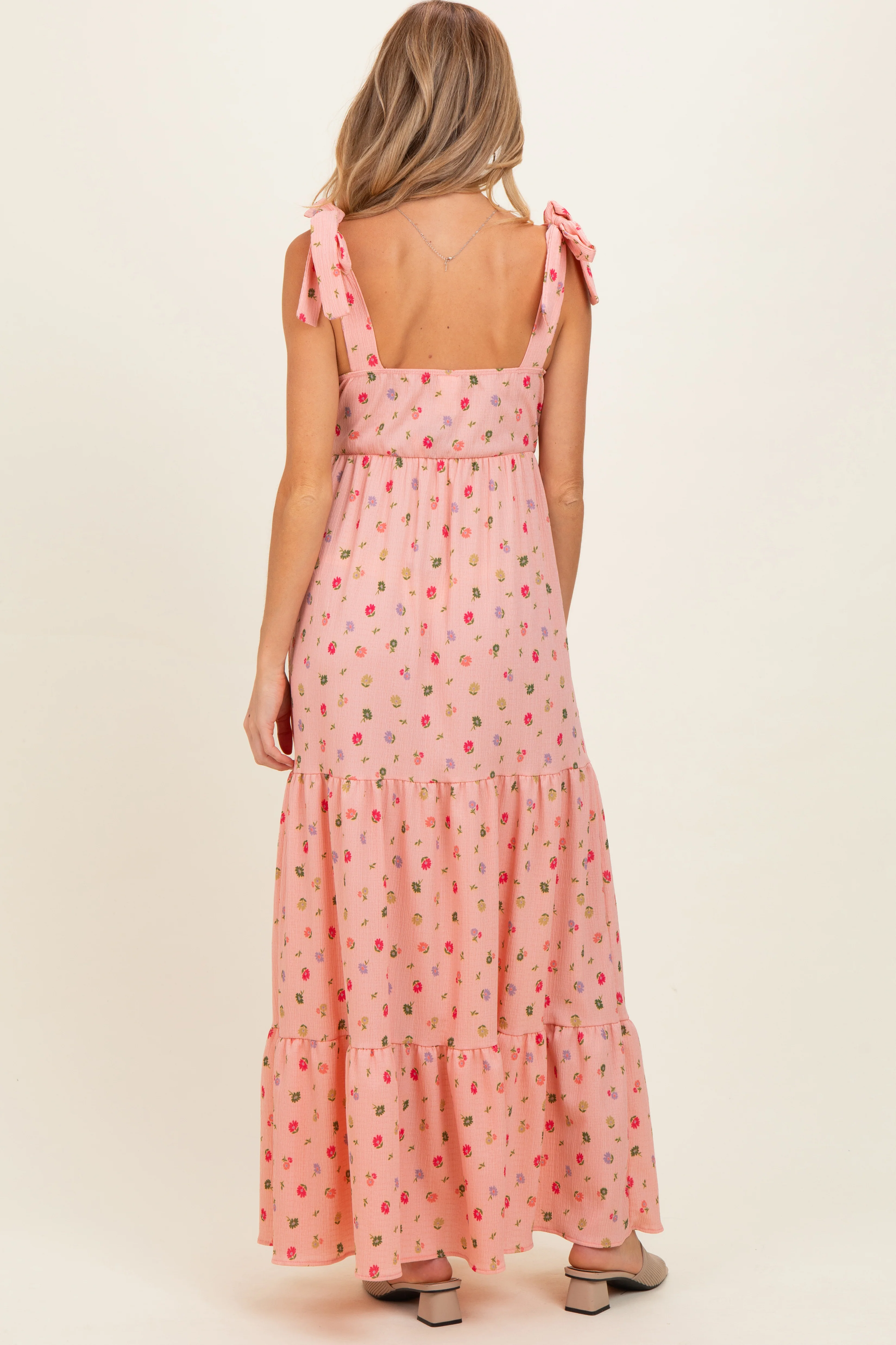 Blush Floral Tiered Shoulder Tie Maternity Maxi Dress - Image 3