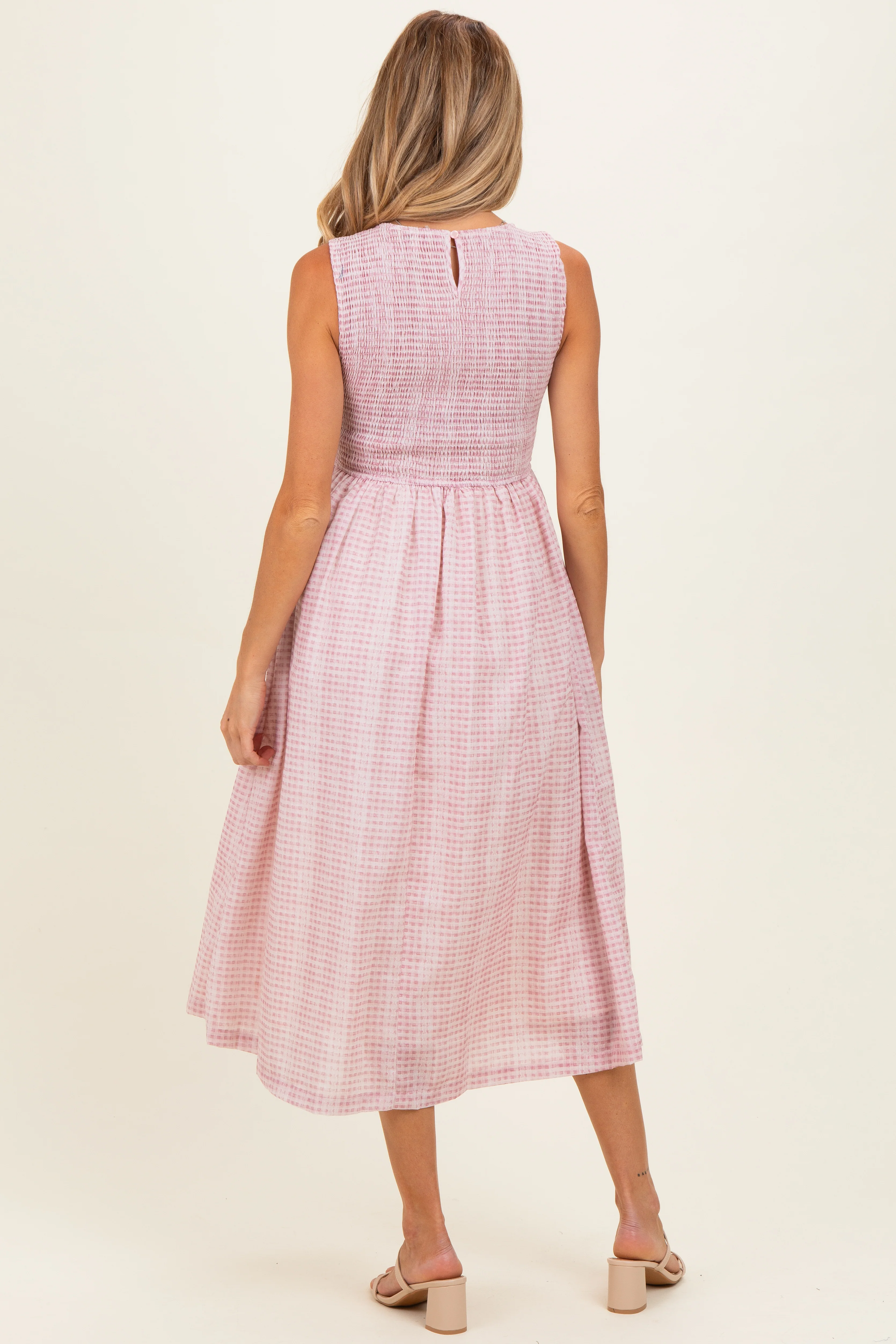 Blush Gingham Sleeveless Smocked Maternity Midi Dress - Image 4