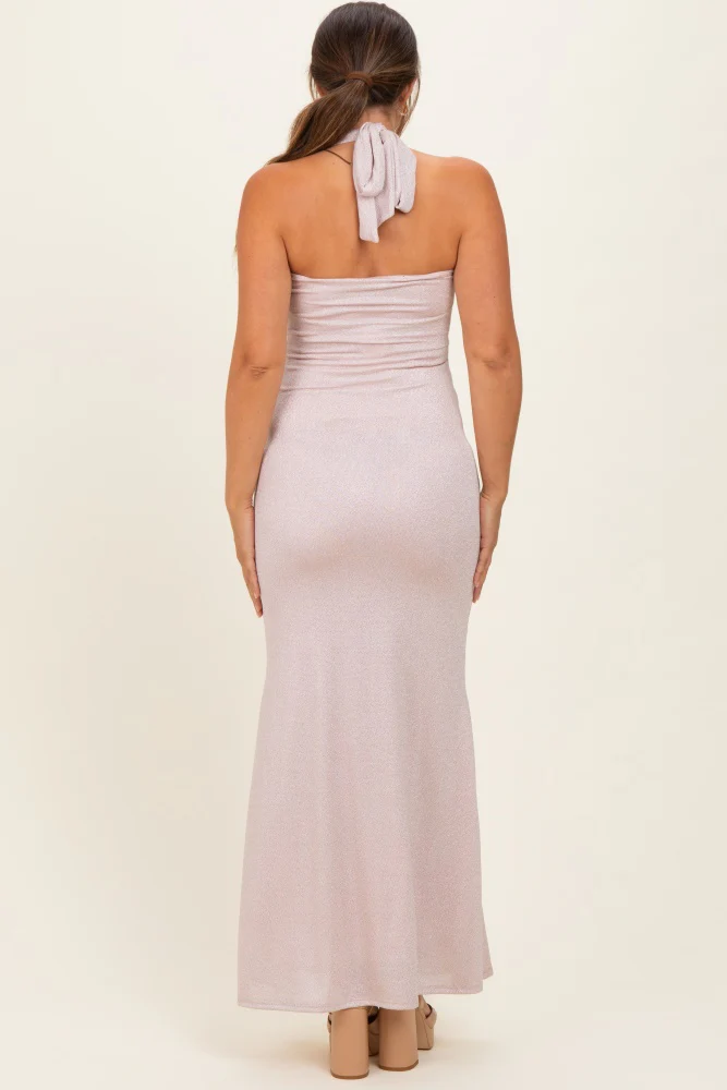 Blush Metal Trim Halter Maternity Maxi Dress - Image 3