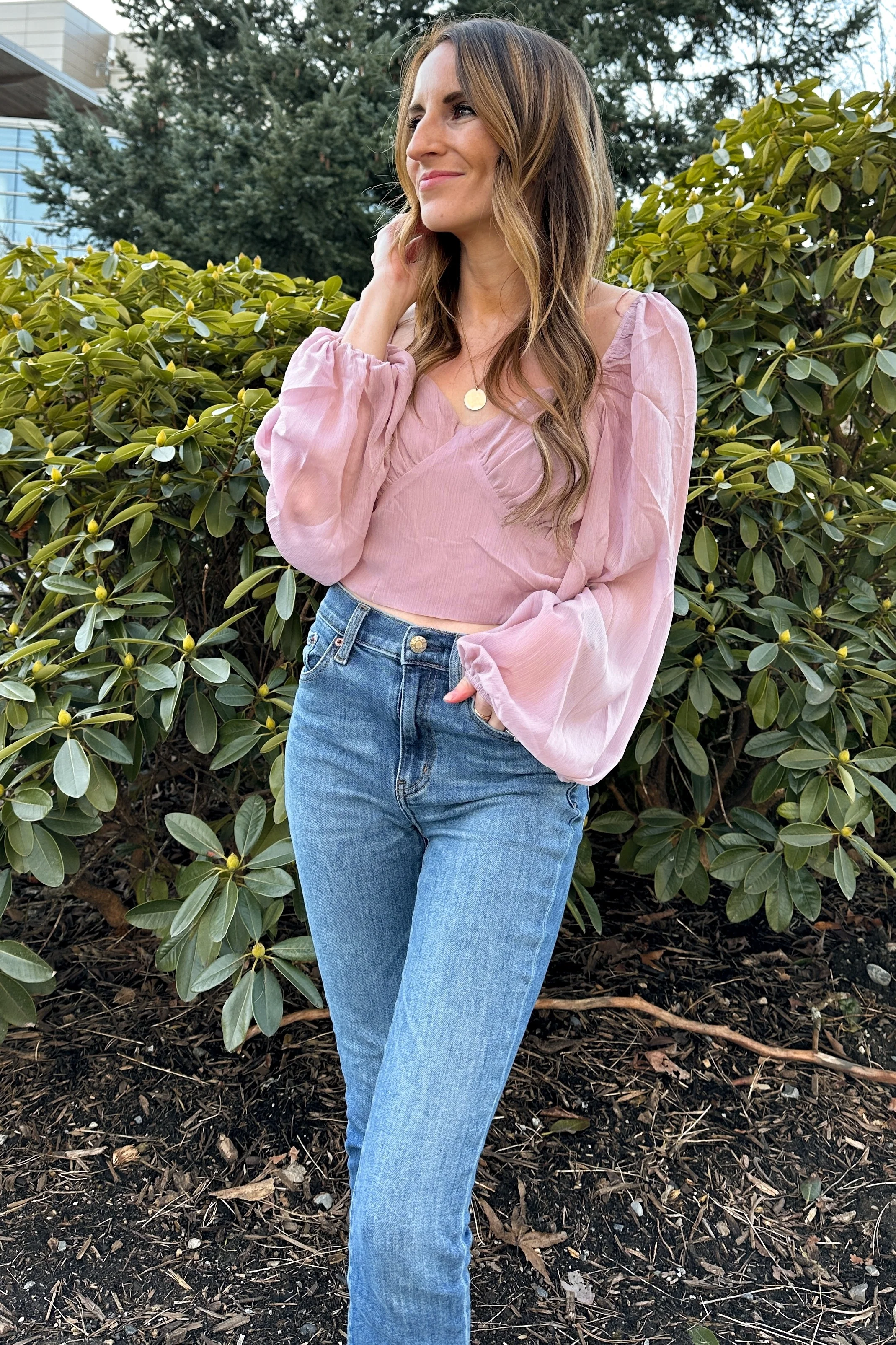 Blush Solid Sweetheart Neck Puff Sleeve Open Back Blouse - Image 6