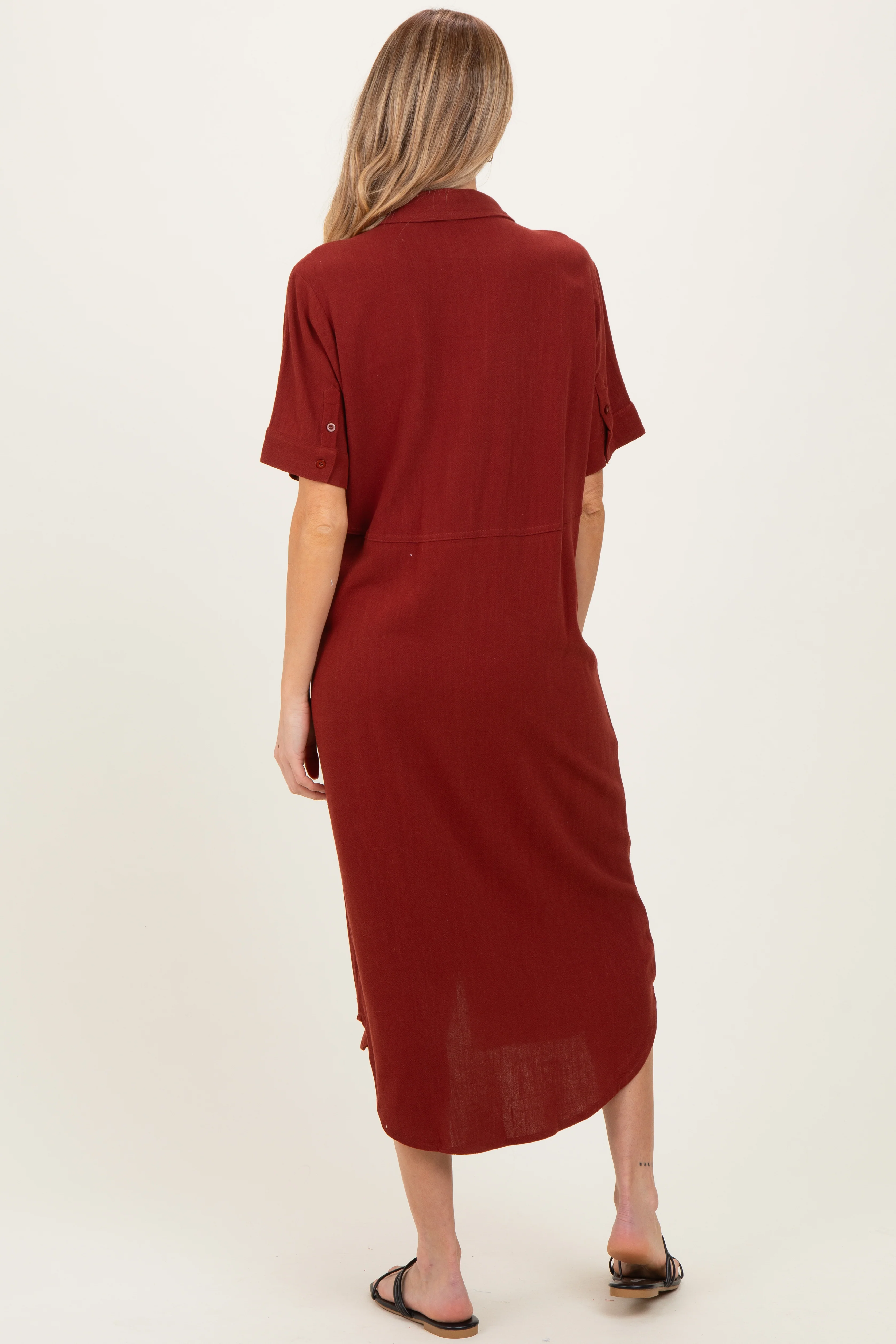 Brick Button Down Maternity Midi Shirt Dress - Image 3