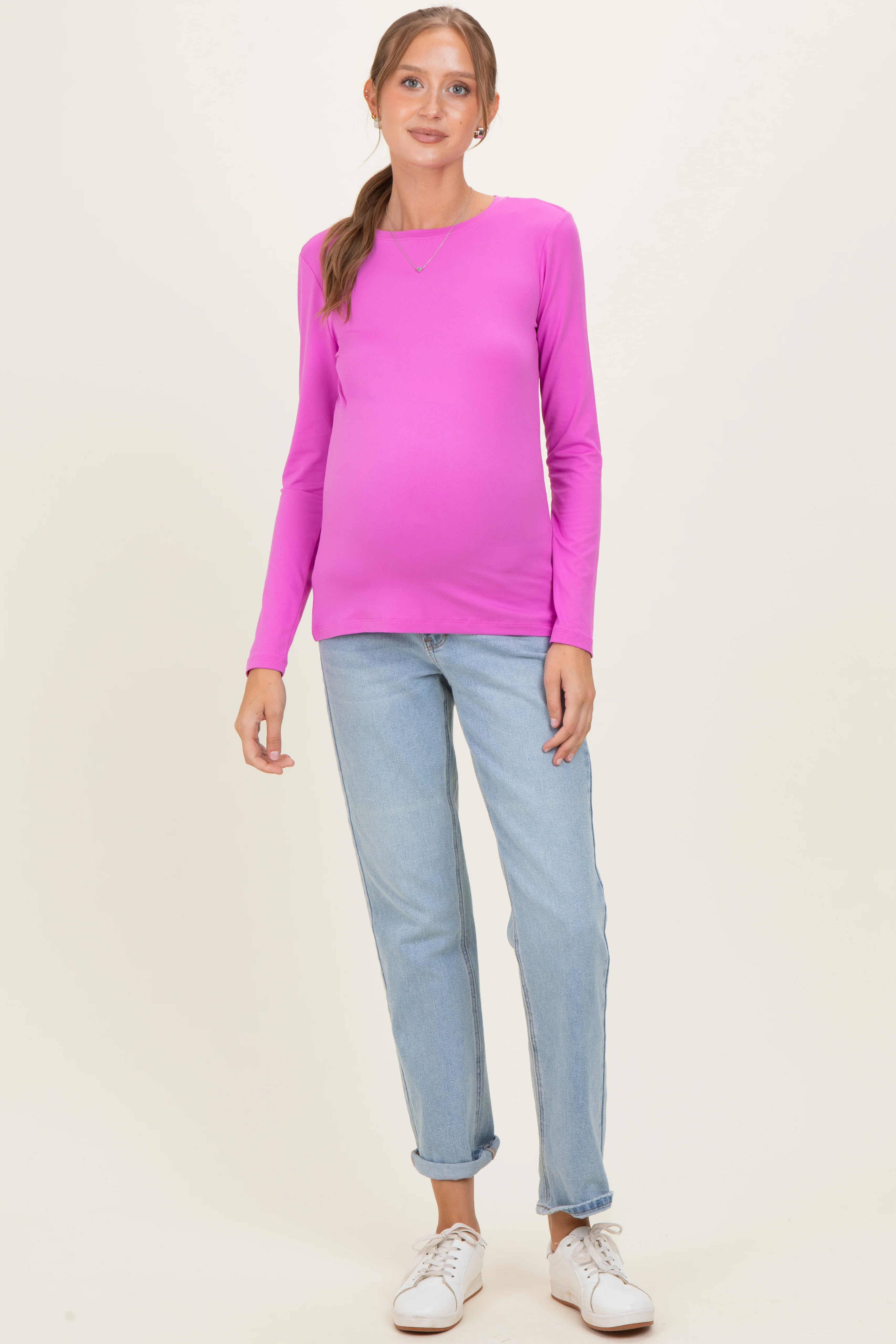 Bright Mauve Basic Long Sleeve Maternity Top - Image 2