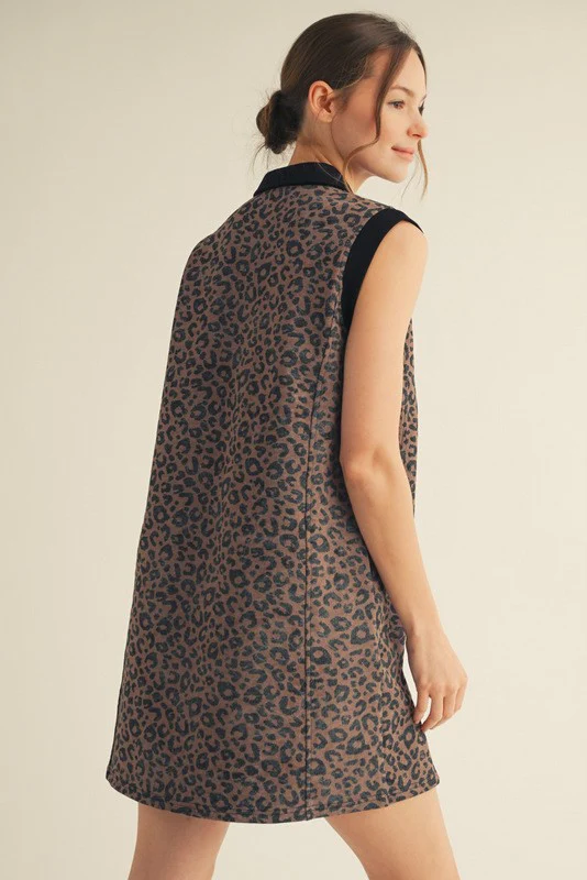 Brown Animal Print Front Zip Sleeveless Dress - Image 4
