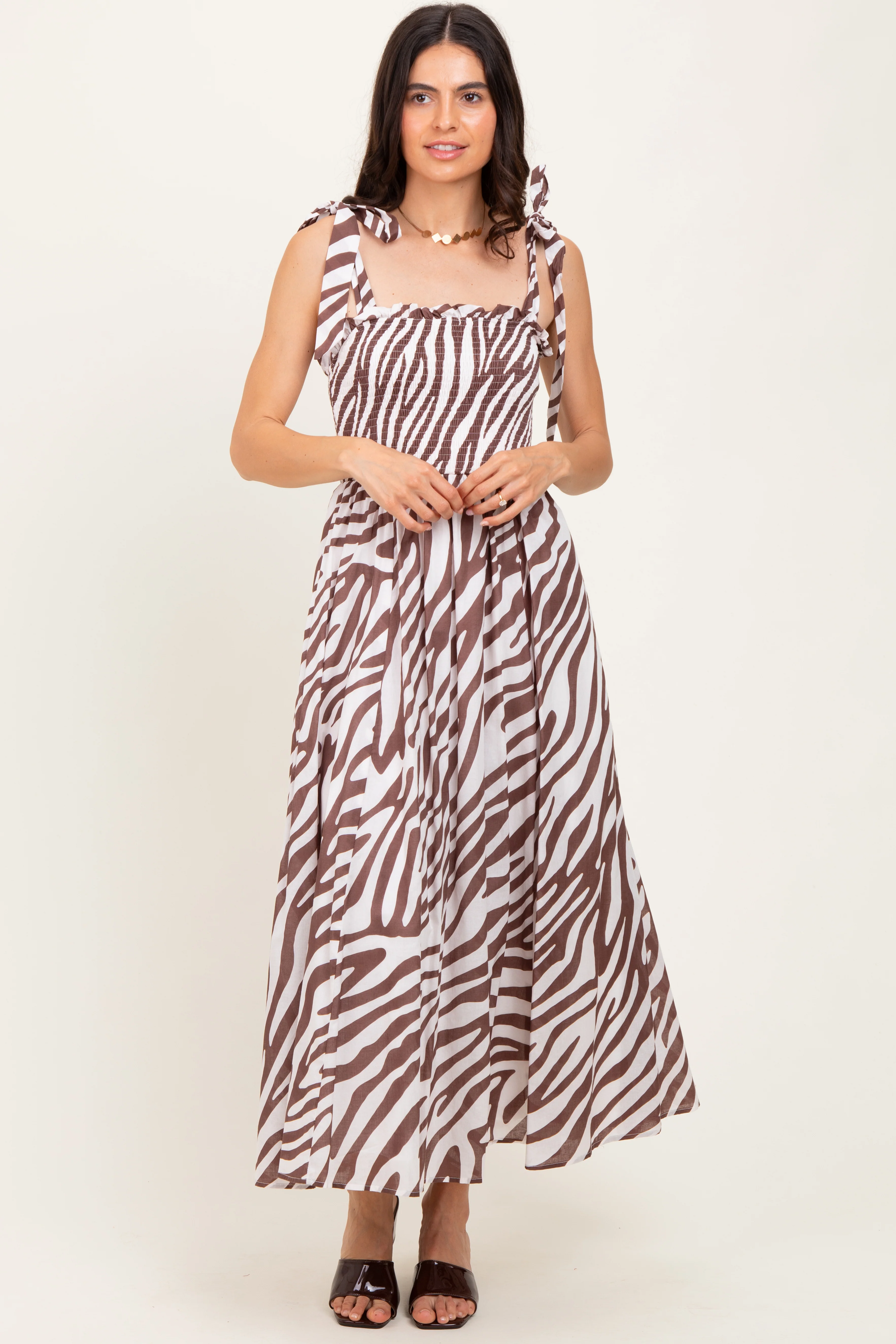 Brown Animal Print Smocked Shoulder Tie Maternity Midi Dress - Image 3