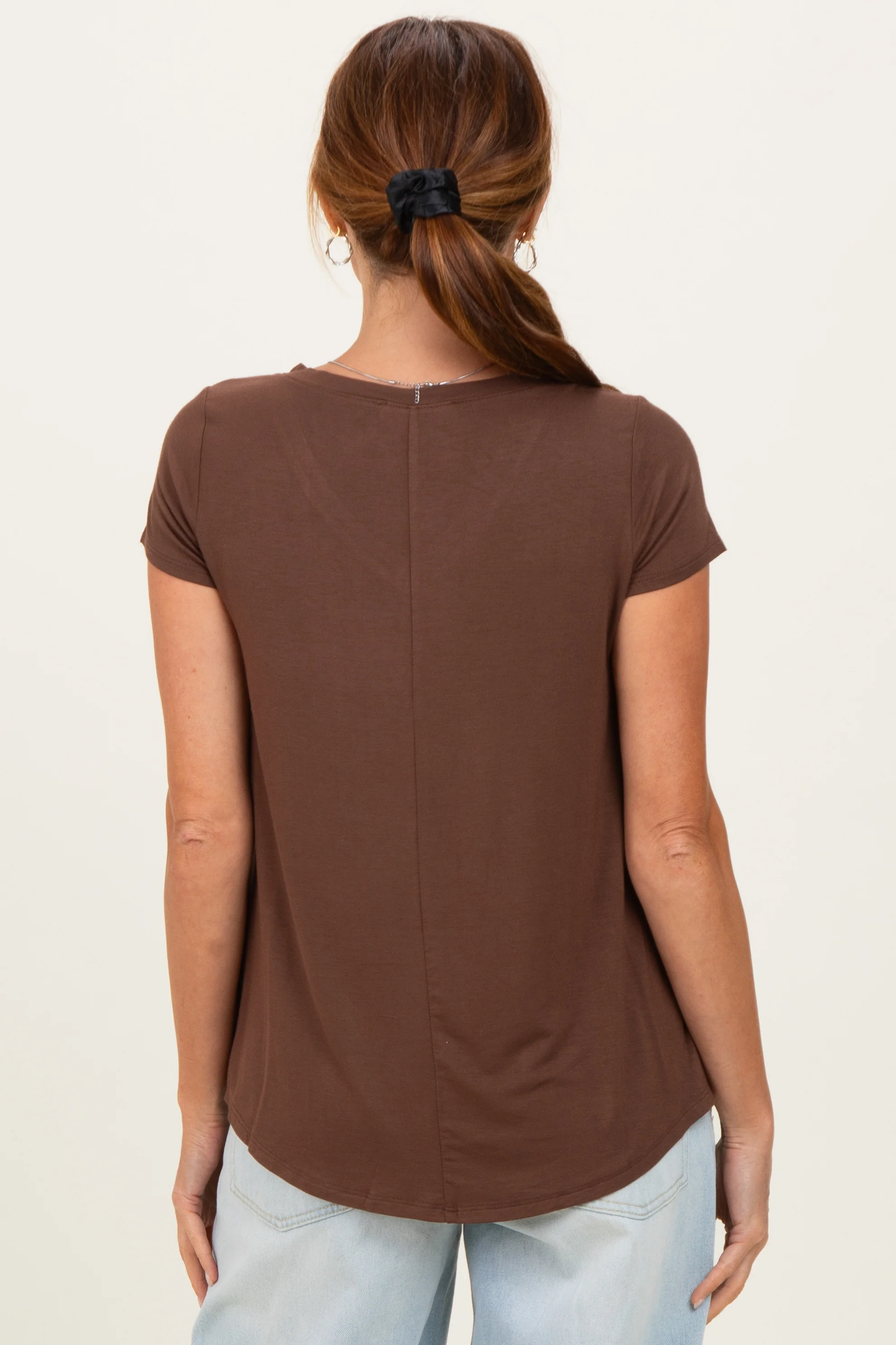Brown Basic V-Neck Short Sleeve Top - Image 4