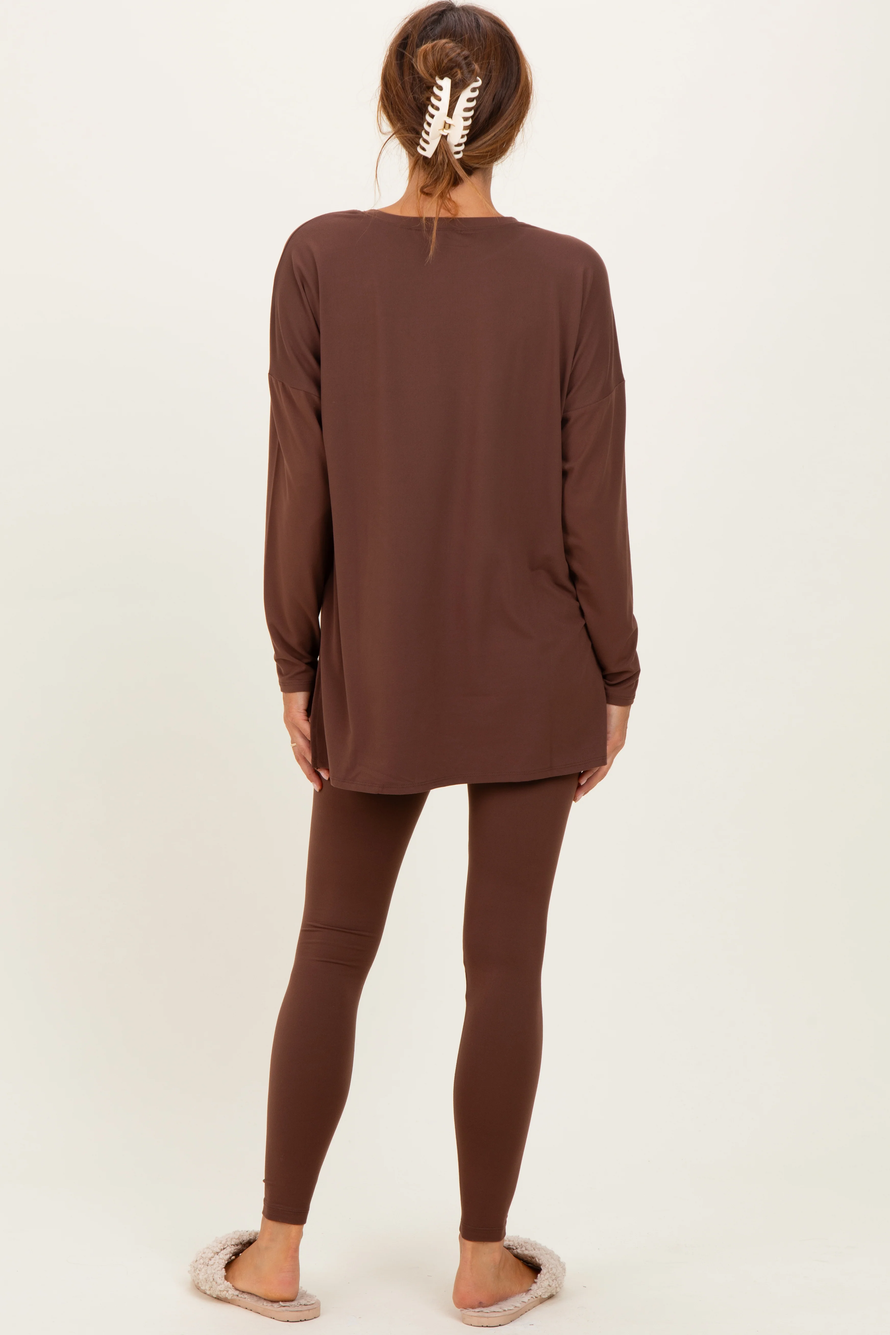 Brown Brushed Knit Oversized Top and Legging Set - Image 4