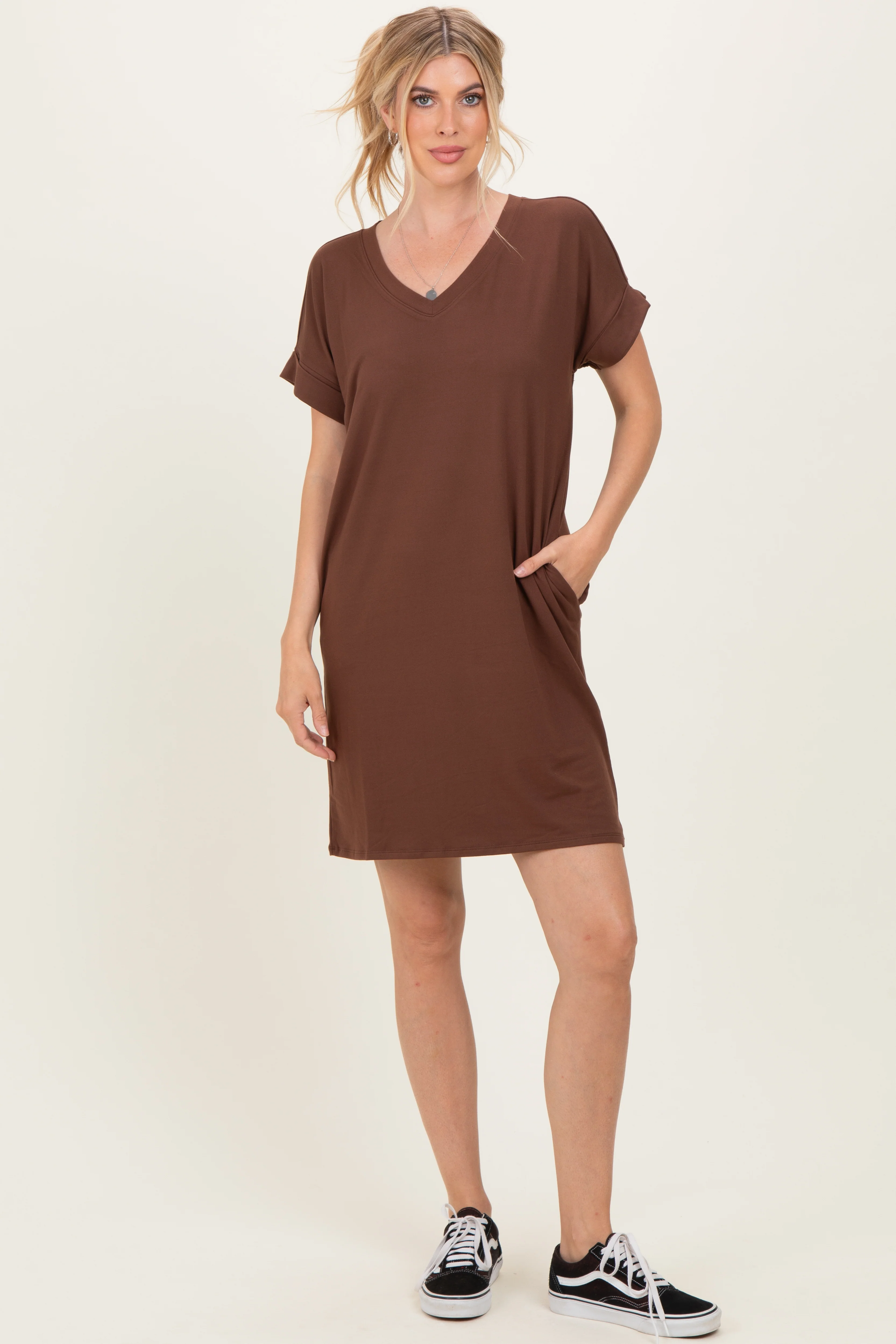 Brown Brushed Rolled Short Sleeve V-Neck Dress