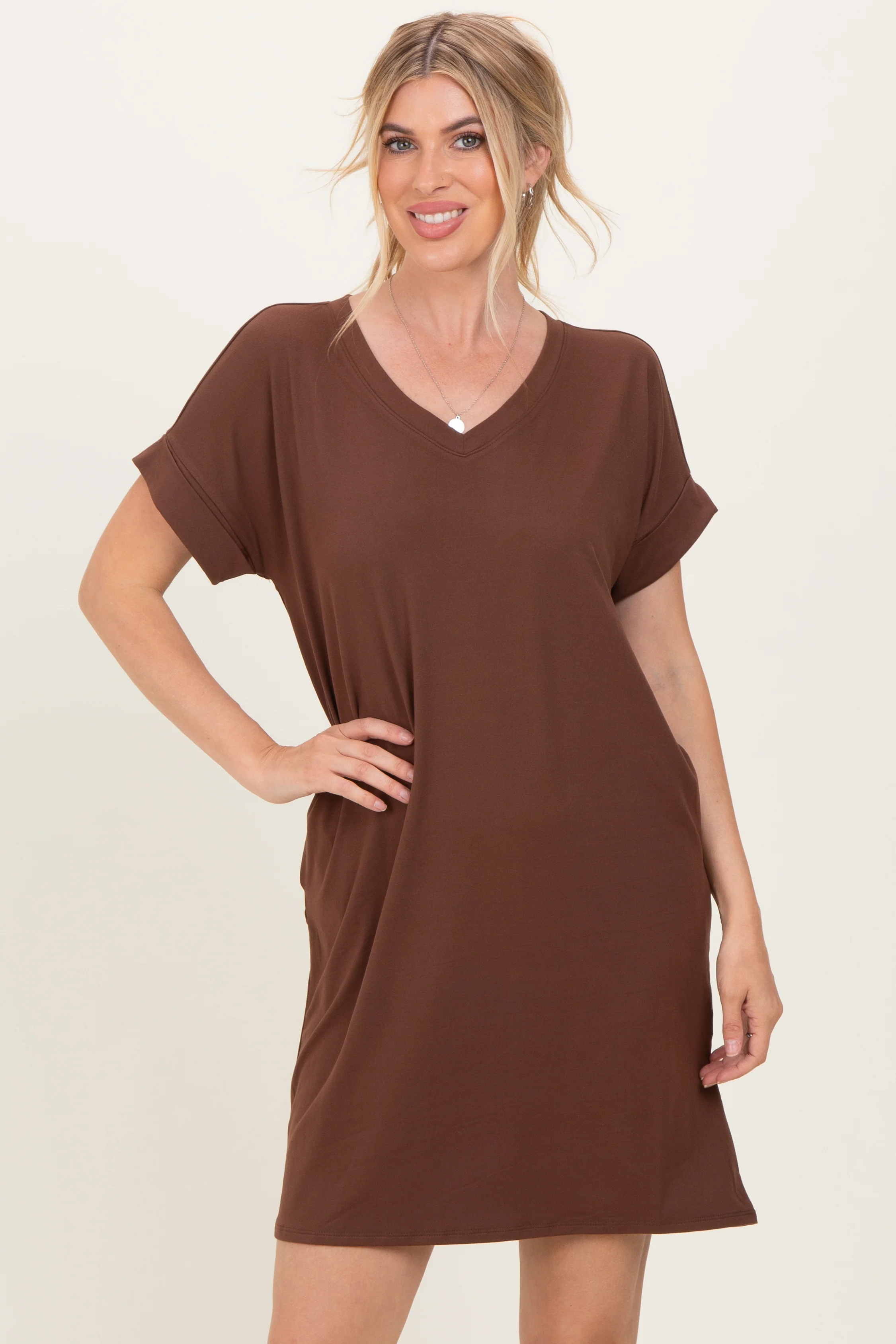 Brown Brushed Rolled Short Sleeve V-Neck Dress - Image 2