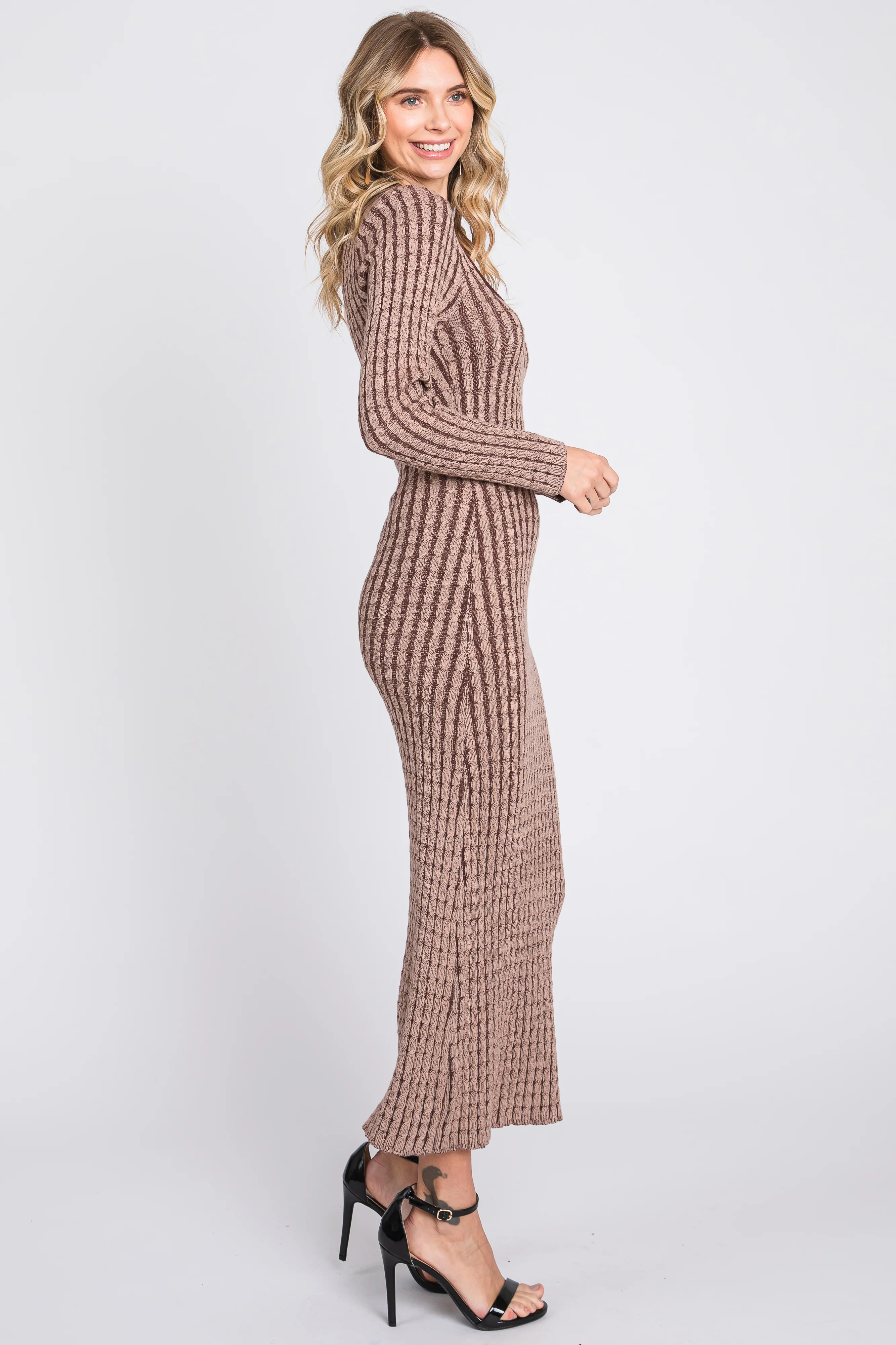 Brown Cable Knit Fitted Midi Dress - Image 3