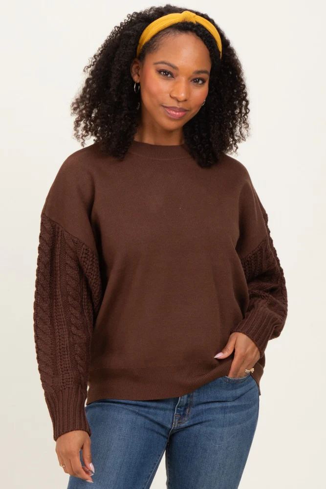 Brown Cable Knit Sleeve Round Neck Sweater - Image 9