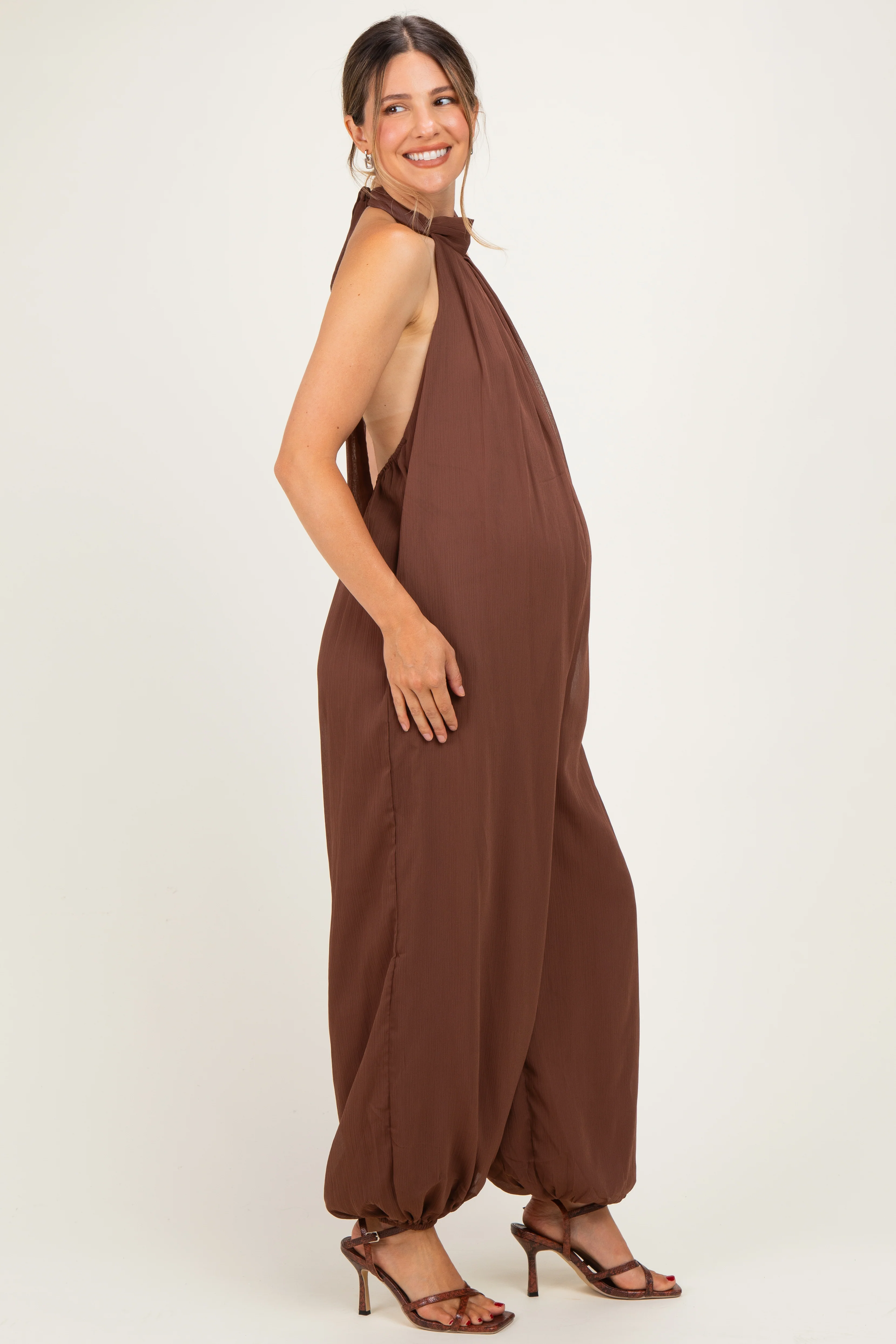Brown Chiffon Halter Neck Open Back Maternity Jumpsuit - Image 2