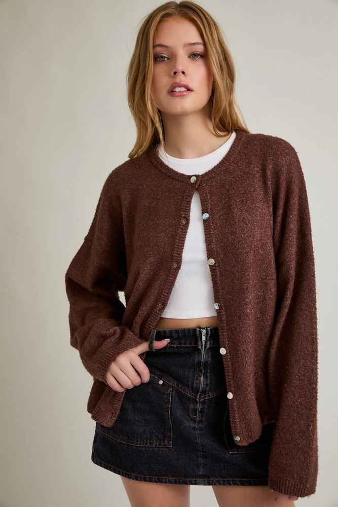 Brown Classic Crew Neck Maternity Button Cardigan - Image 6