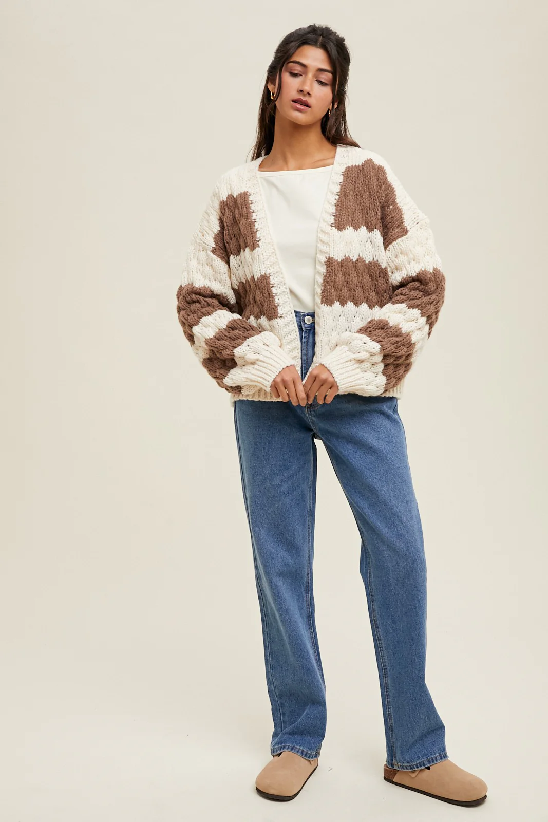 Brown Colorblock Chunky Knit Open Cardigan - Image 4
