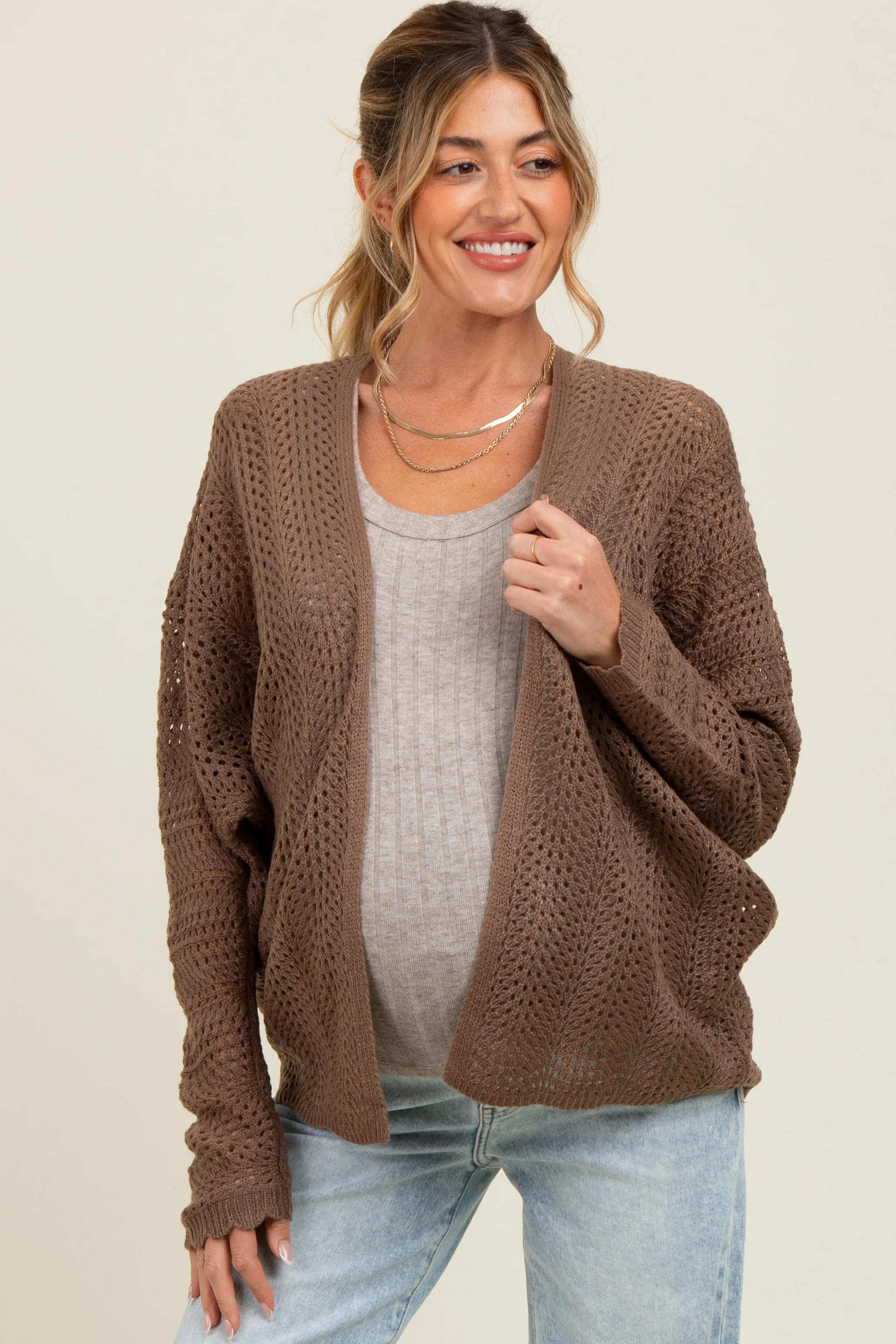 Brown Crochet Knit Scallop Detail Open Maternity Cardigan - Image 2