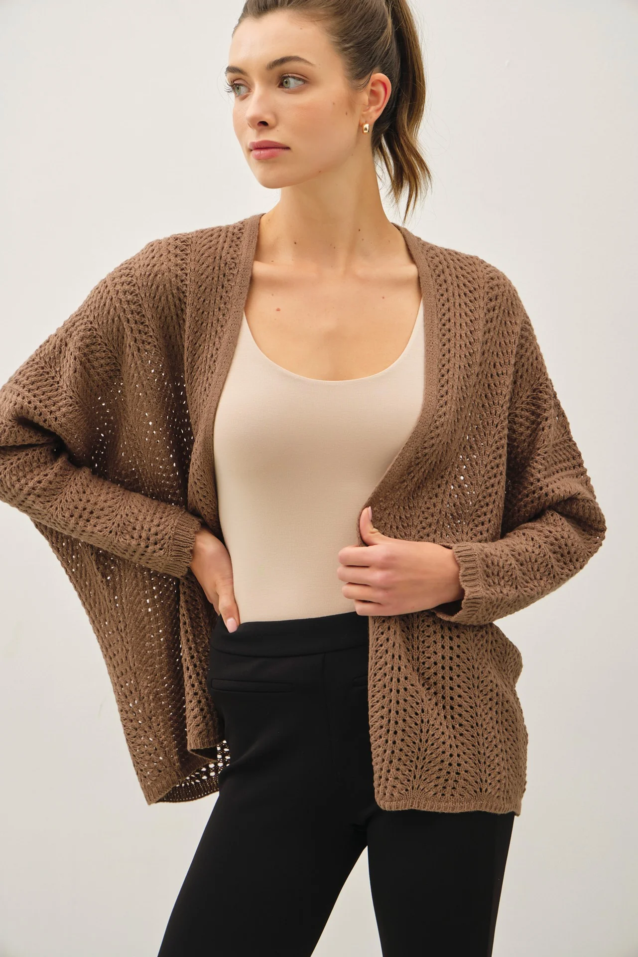 Brown Crochet Knit Scallop Detail Open Maternity Cardigan - Image 5