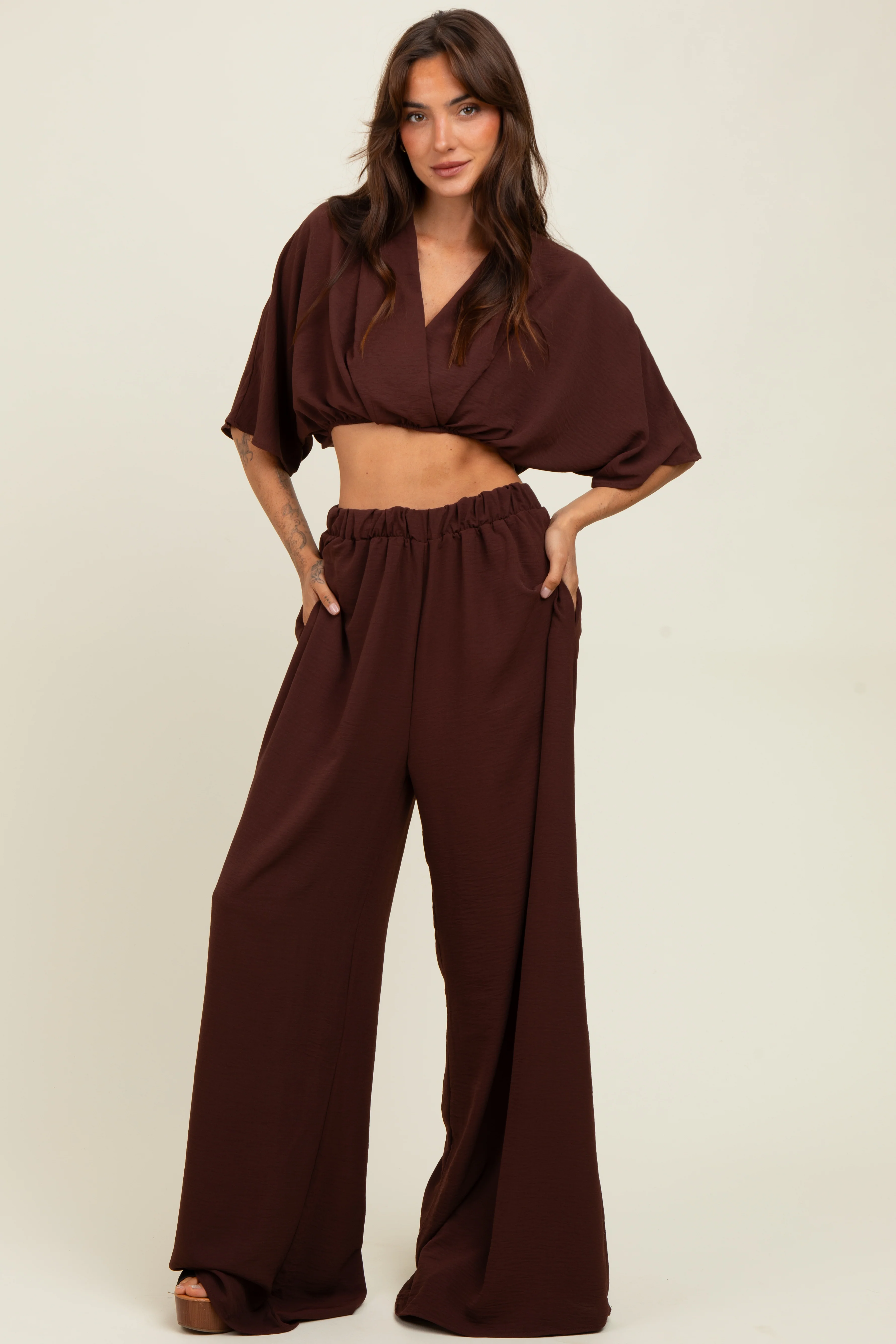 Brown Crop Blouse Wide Leg Pant Set - Image 4