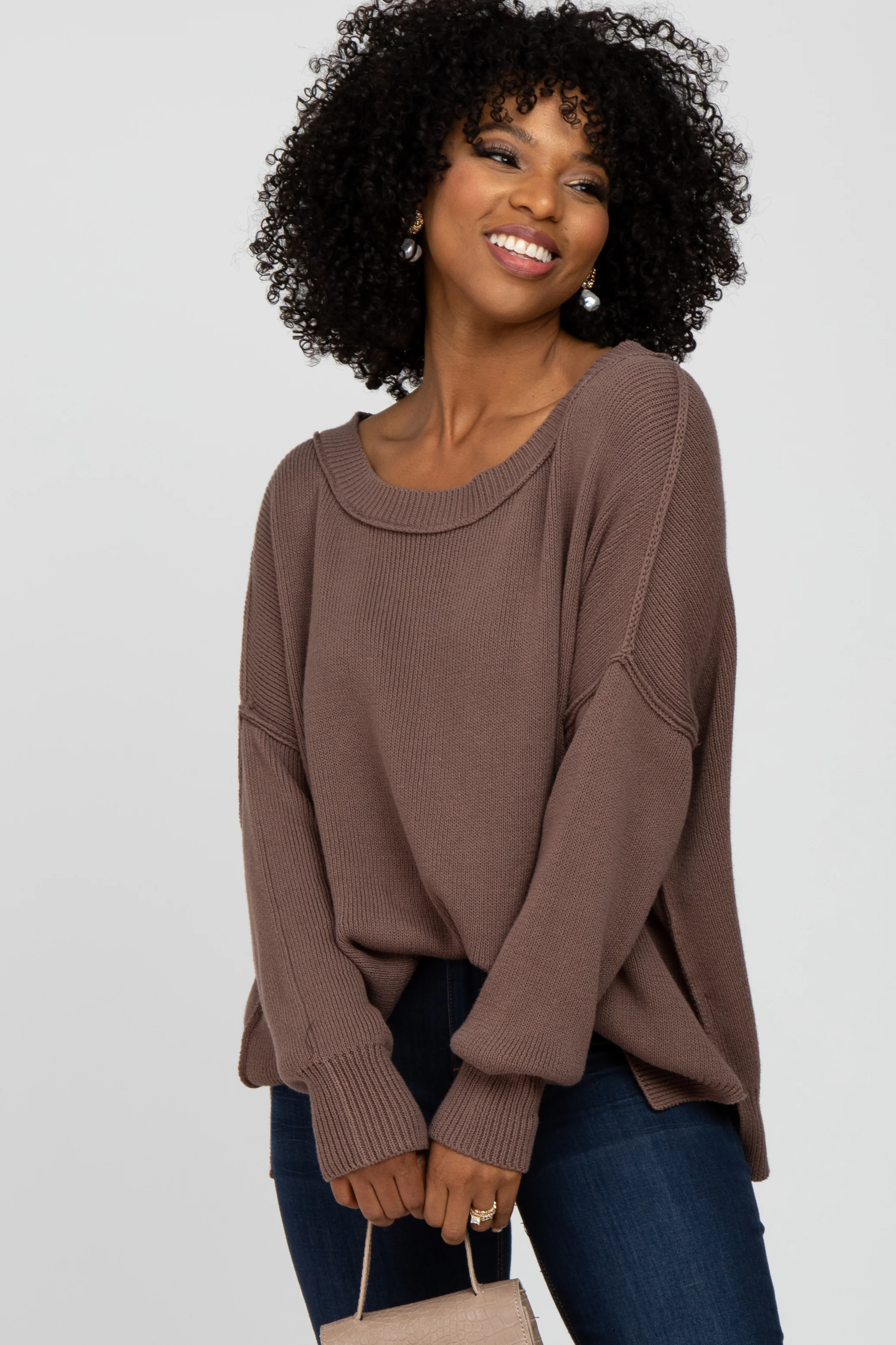 Brown Exposed Seam Side Slit Maternity Sweater - Image 9