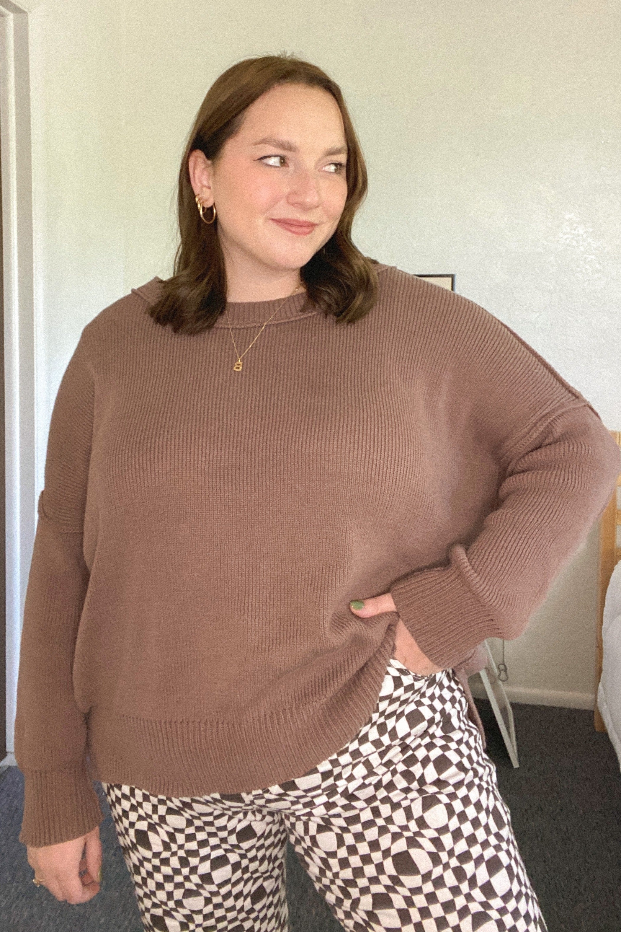 Brown Exposed Seam Side Slit Sweater - Image 33