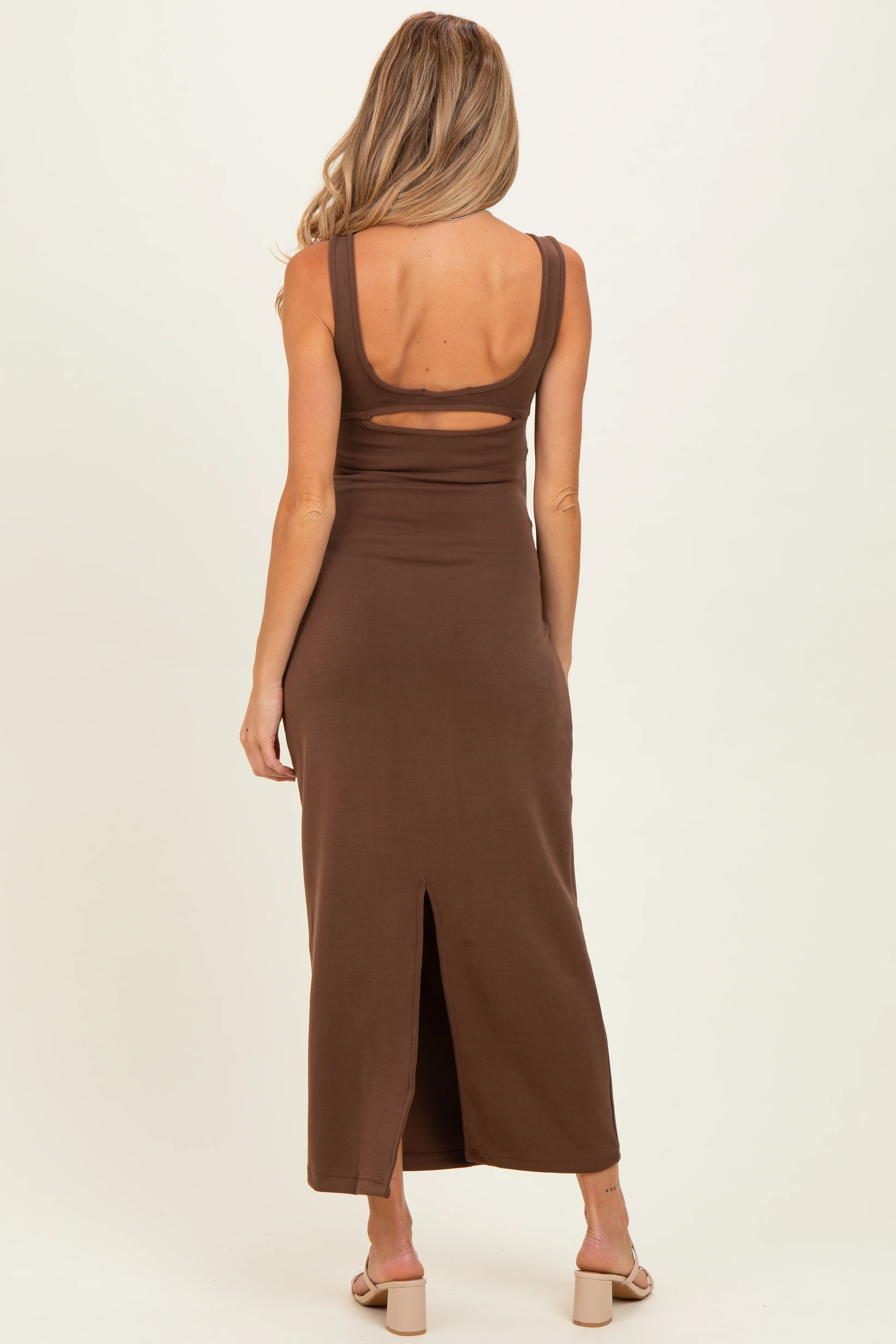 Brown Fitted Cutout Maternity Maxi Tank Dress - Image 3
