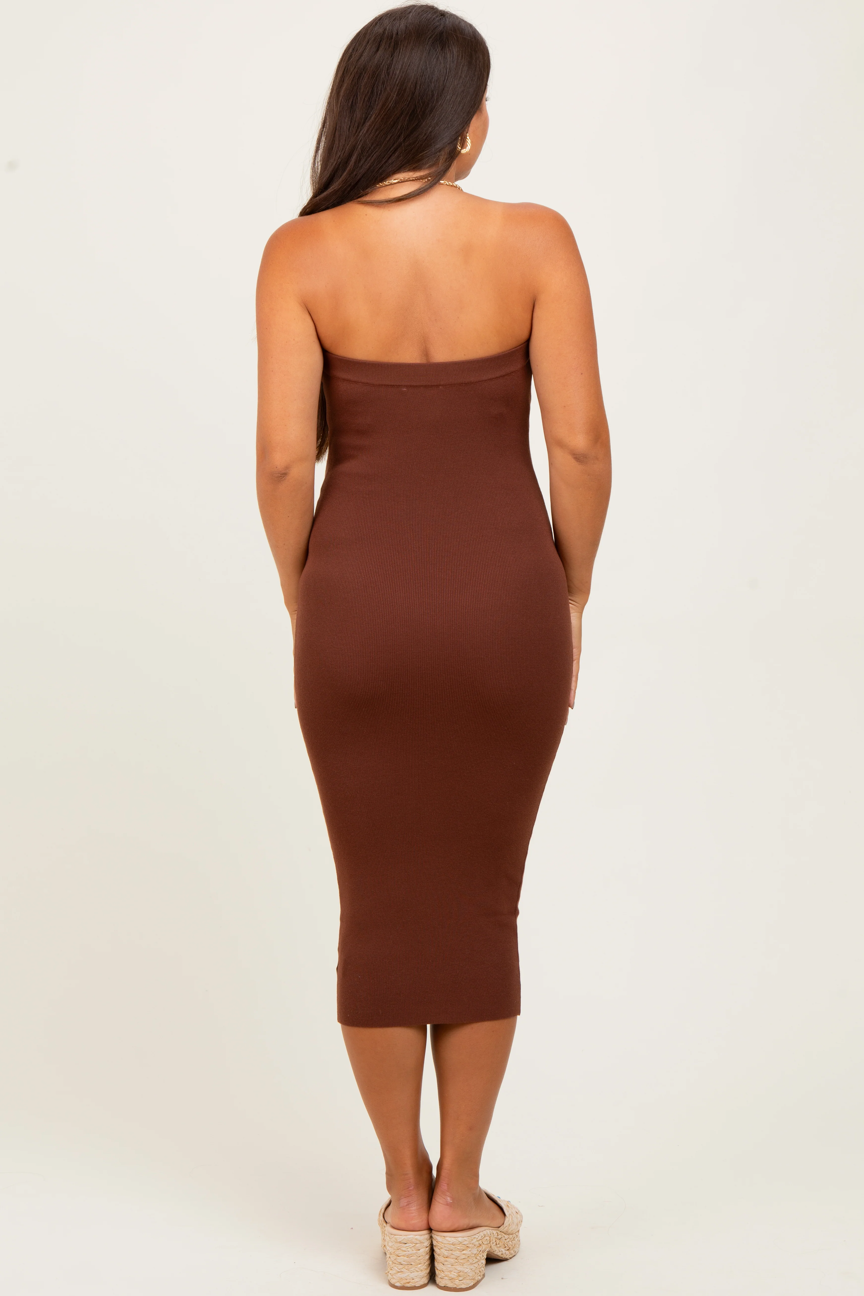 Brown Fitted Tube Knit Maternity Midi Dress - Image 4