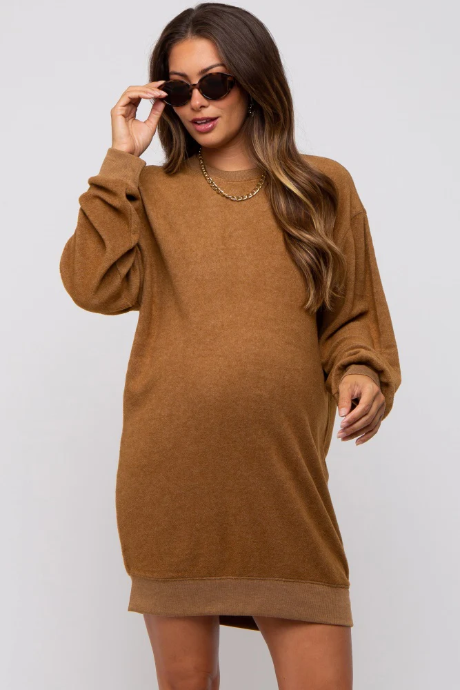 Brown Fleece Oversized Maternity Sweatshirt Mini Dress - Image 2