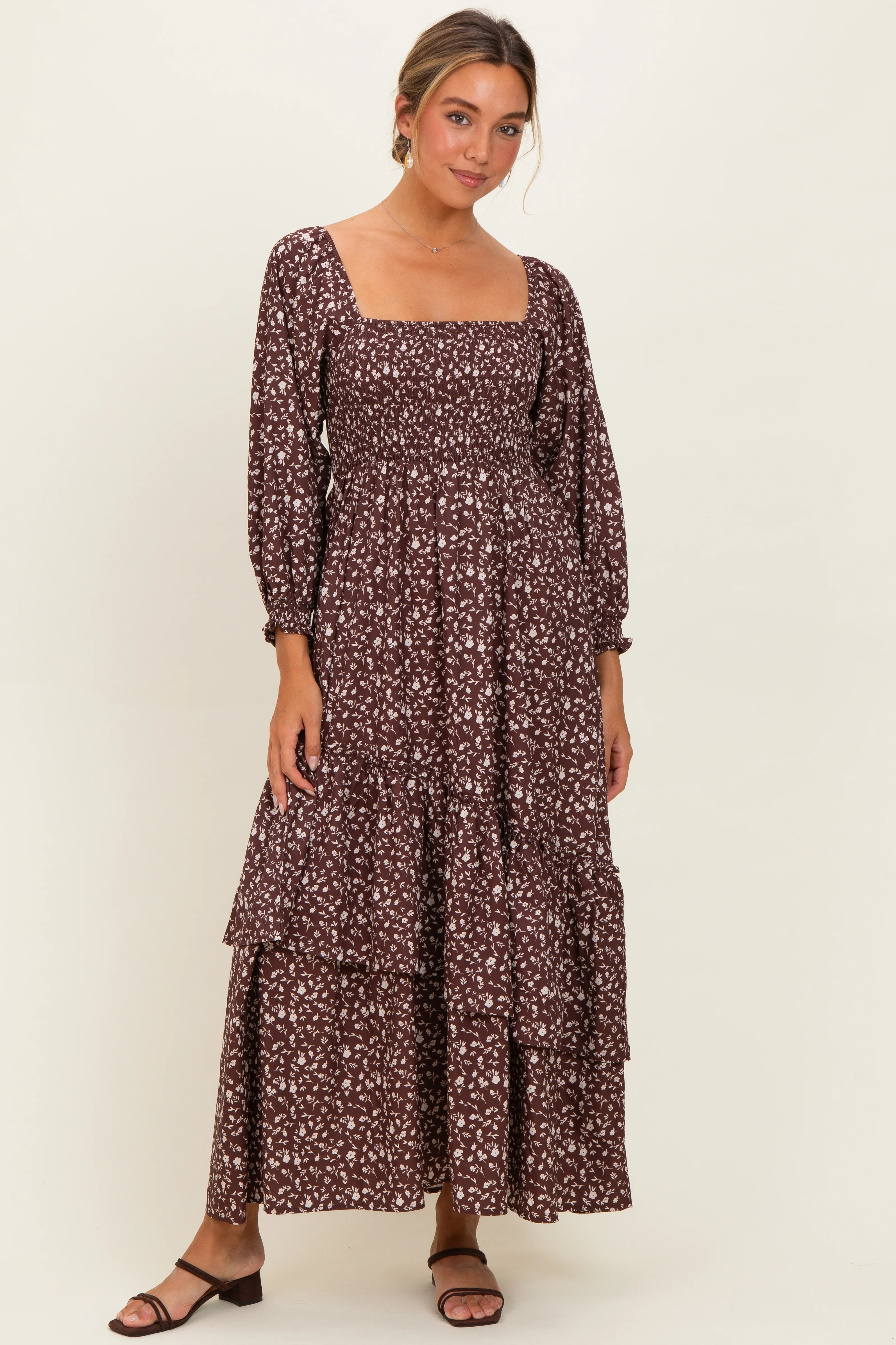 Brown Floral Asymmetrical Ruffle Hem Maxi Dress