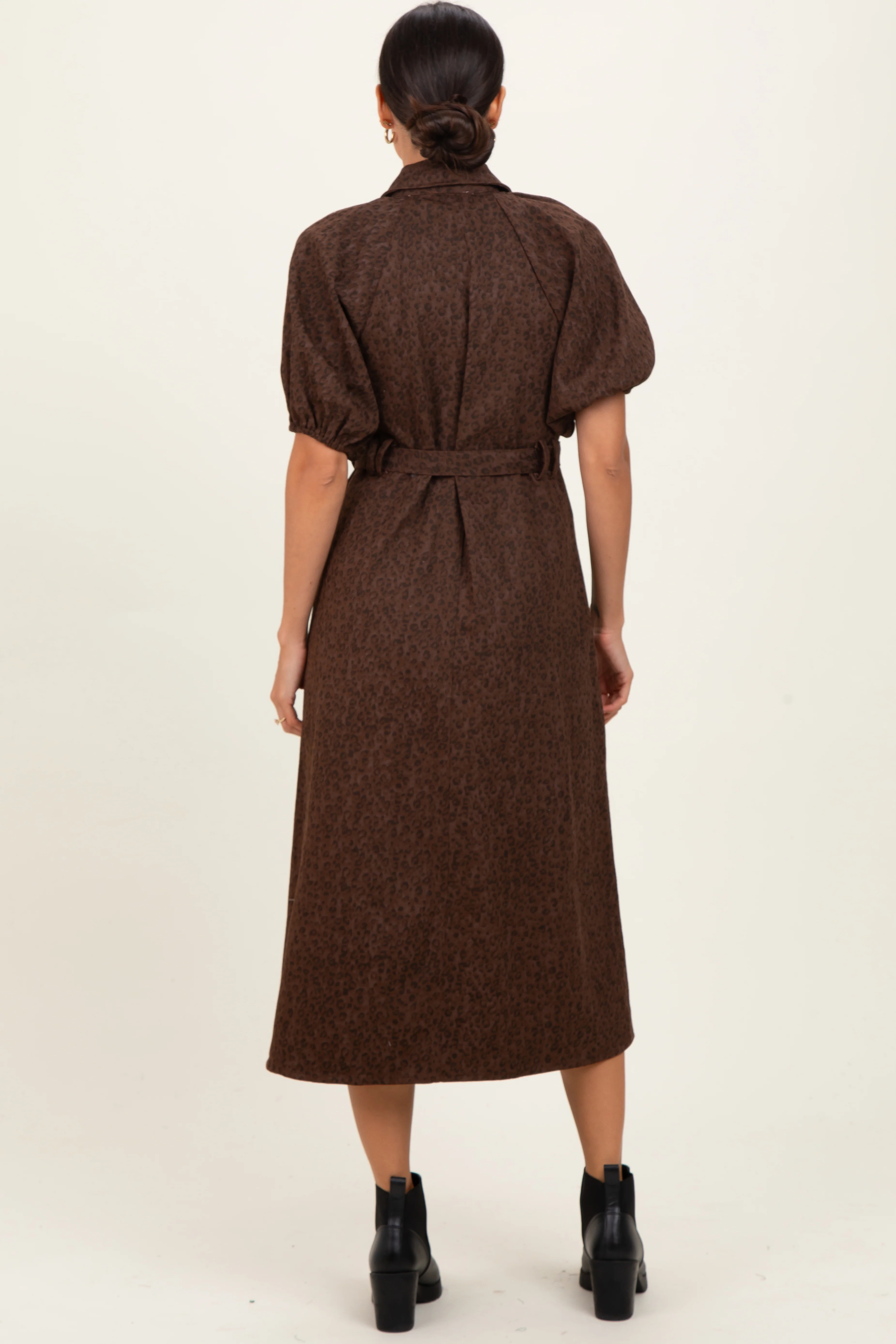 Brown Floral Button Front Waist Tie Midi Dress - Image 4
