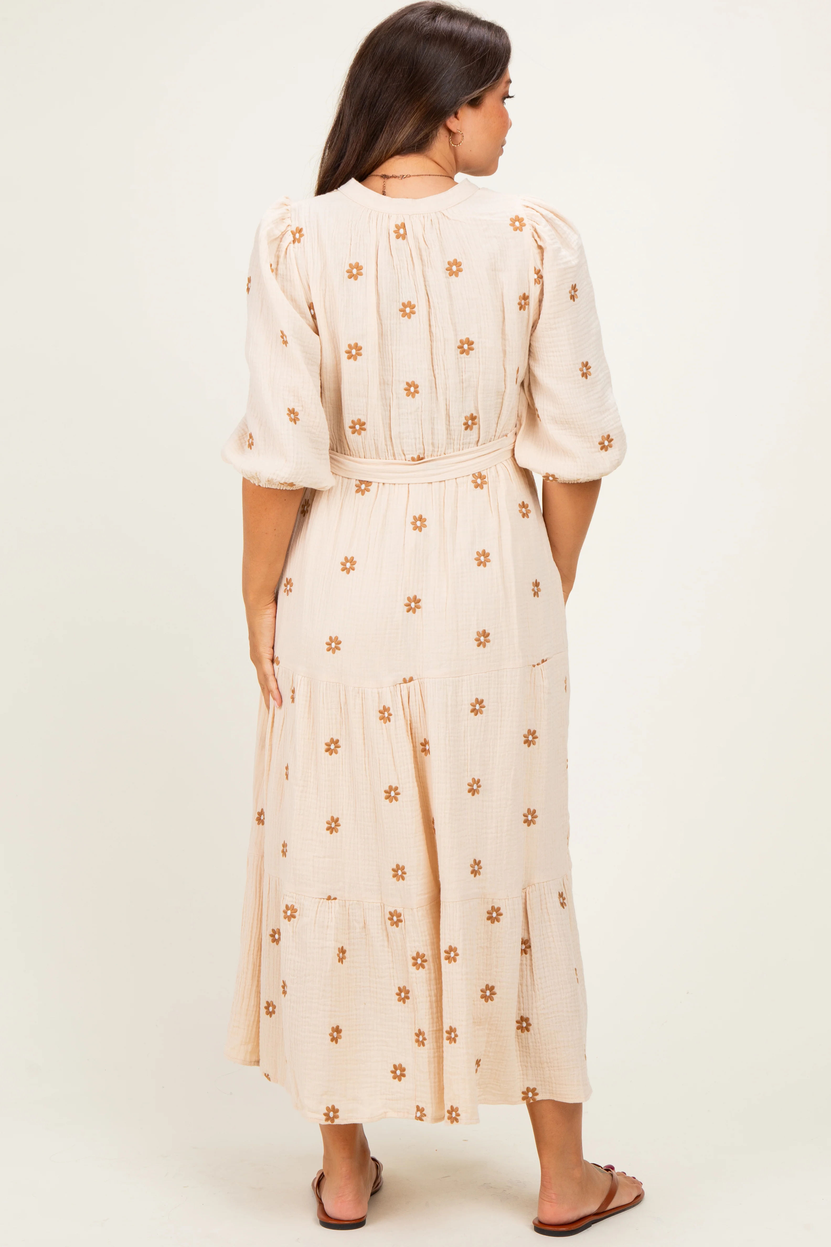 Brown Floral Cotton Gauze Tiered Maternity Midi Dress - Image 3