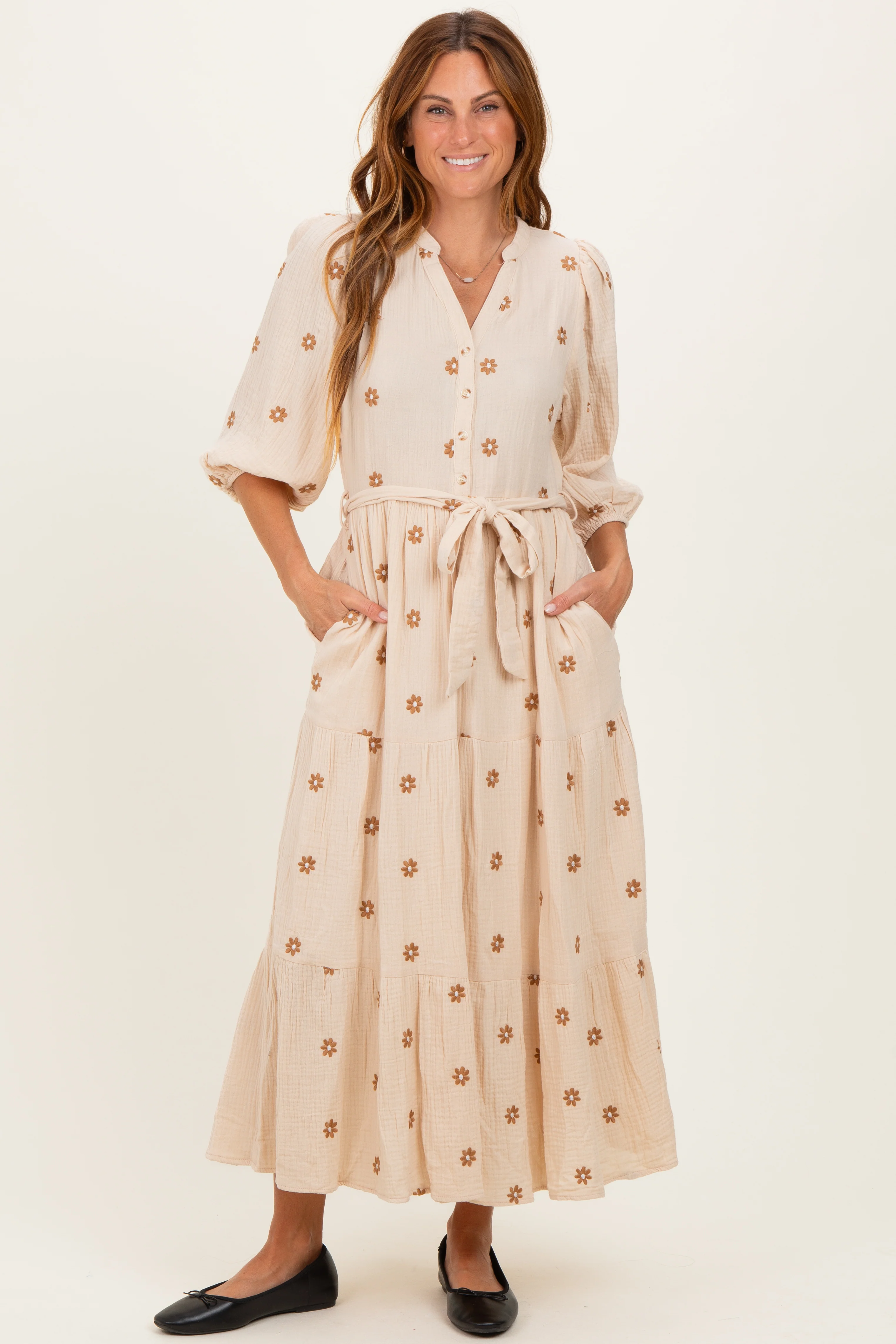 Brown Floral Cotton Gauze Tiered Maternity Midi Dress - Image 4