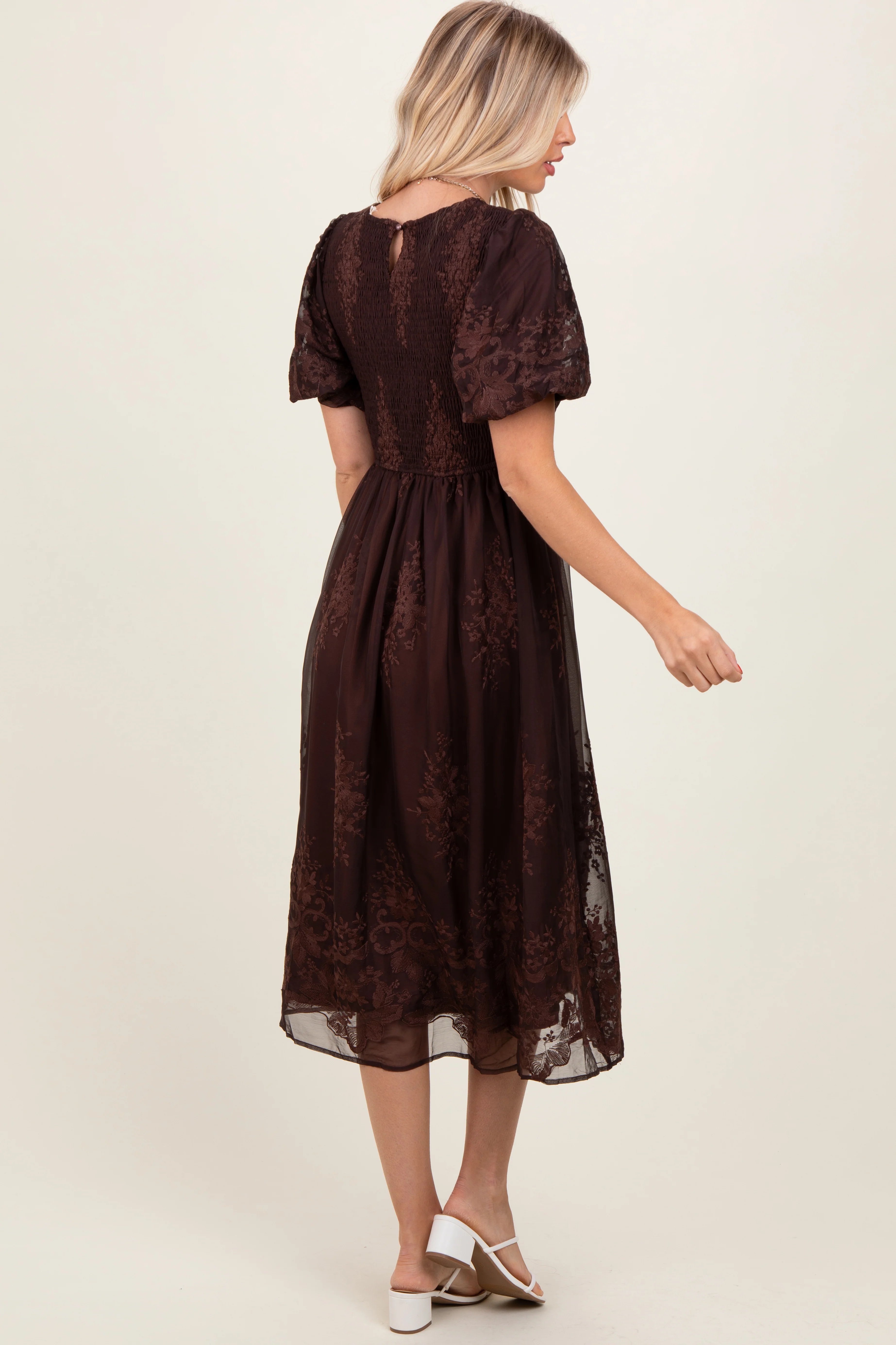 Brown Floral Embroidered Mesh Overlay Smocked Midi Dress - Image 3