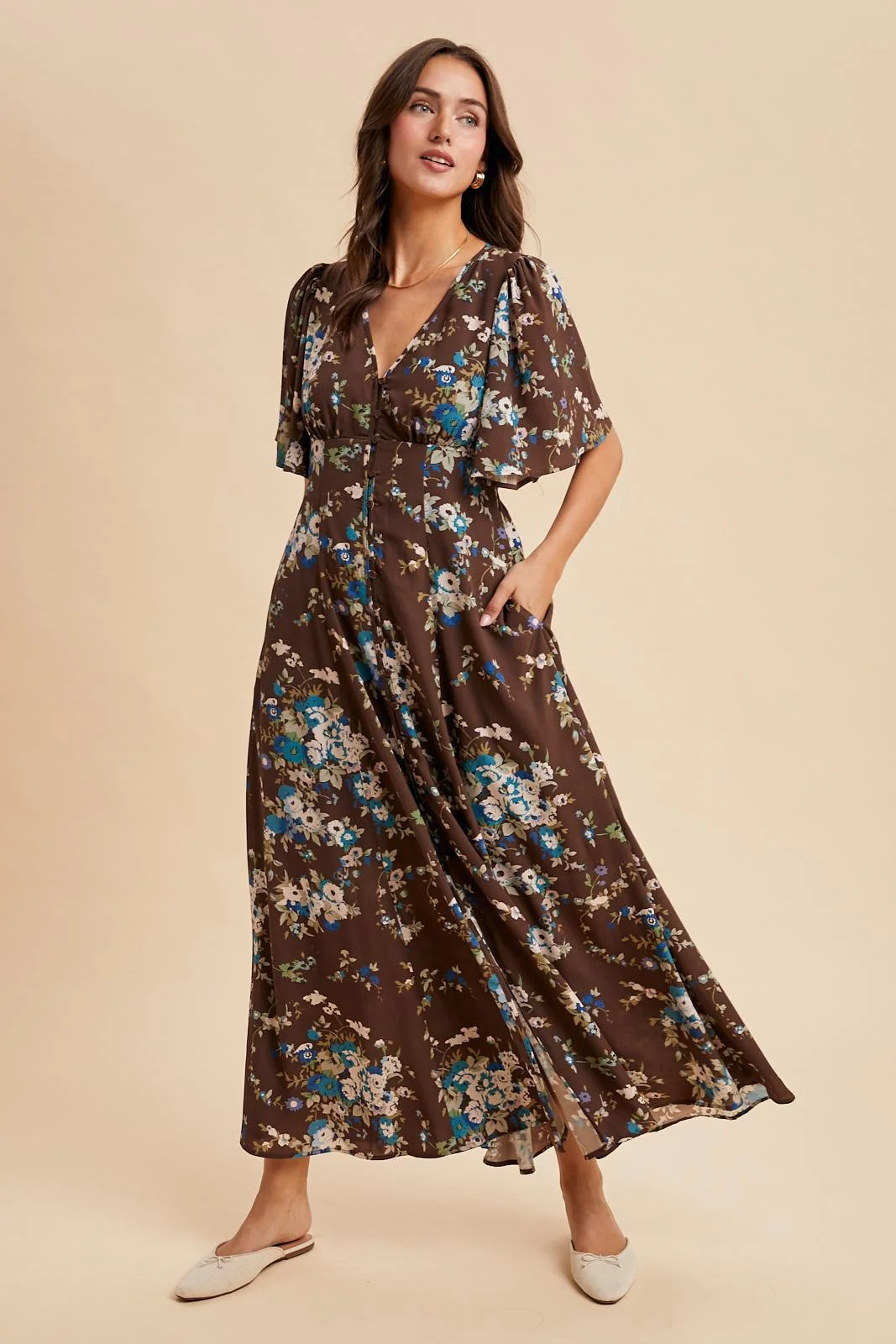 Brown Floral Flutter Button Down Maxi Dress - Image 3