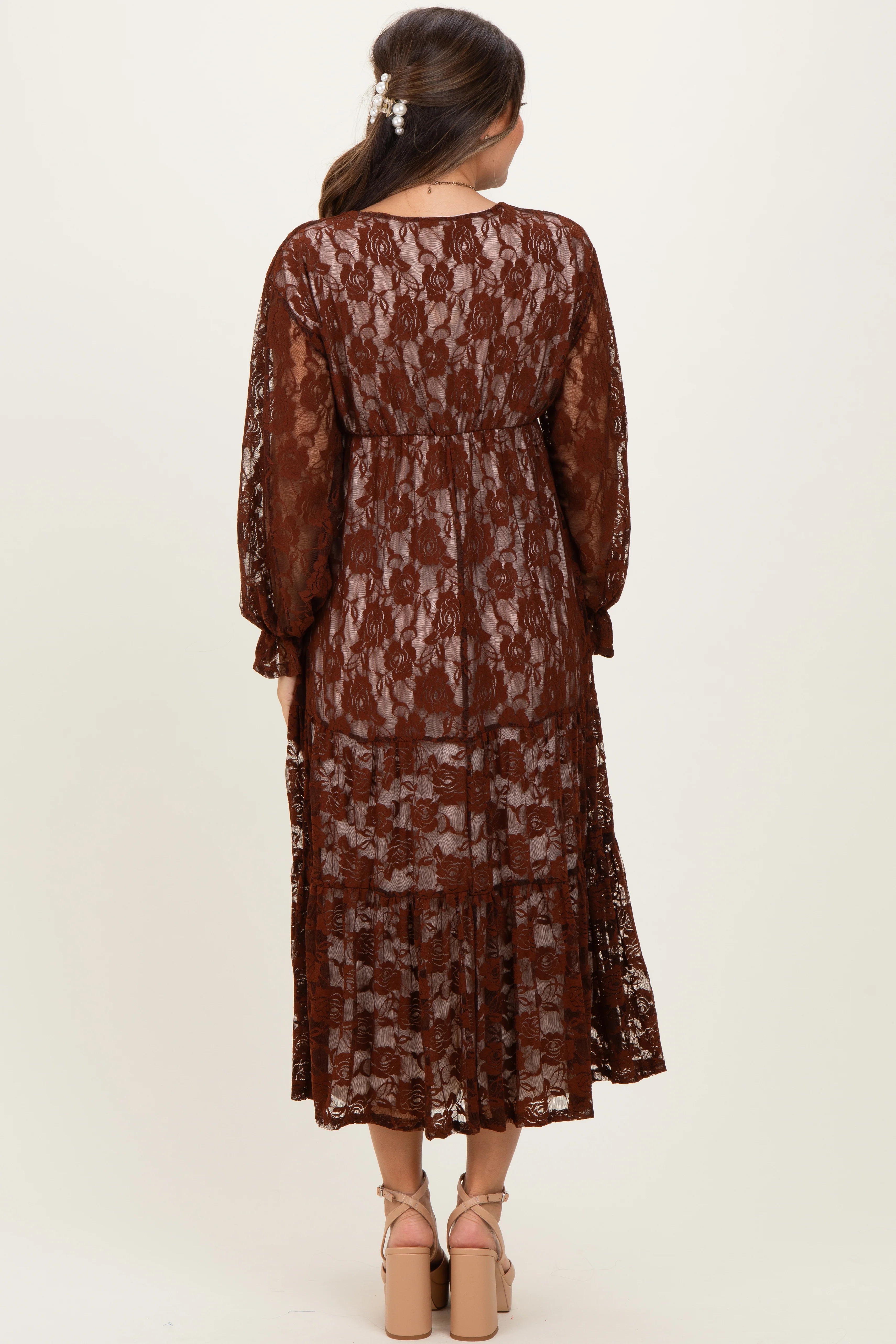 Brown Floral Lace Long Sleeve V-Neck Maternity Maxi Dress - Image 3