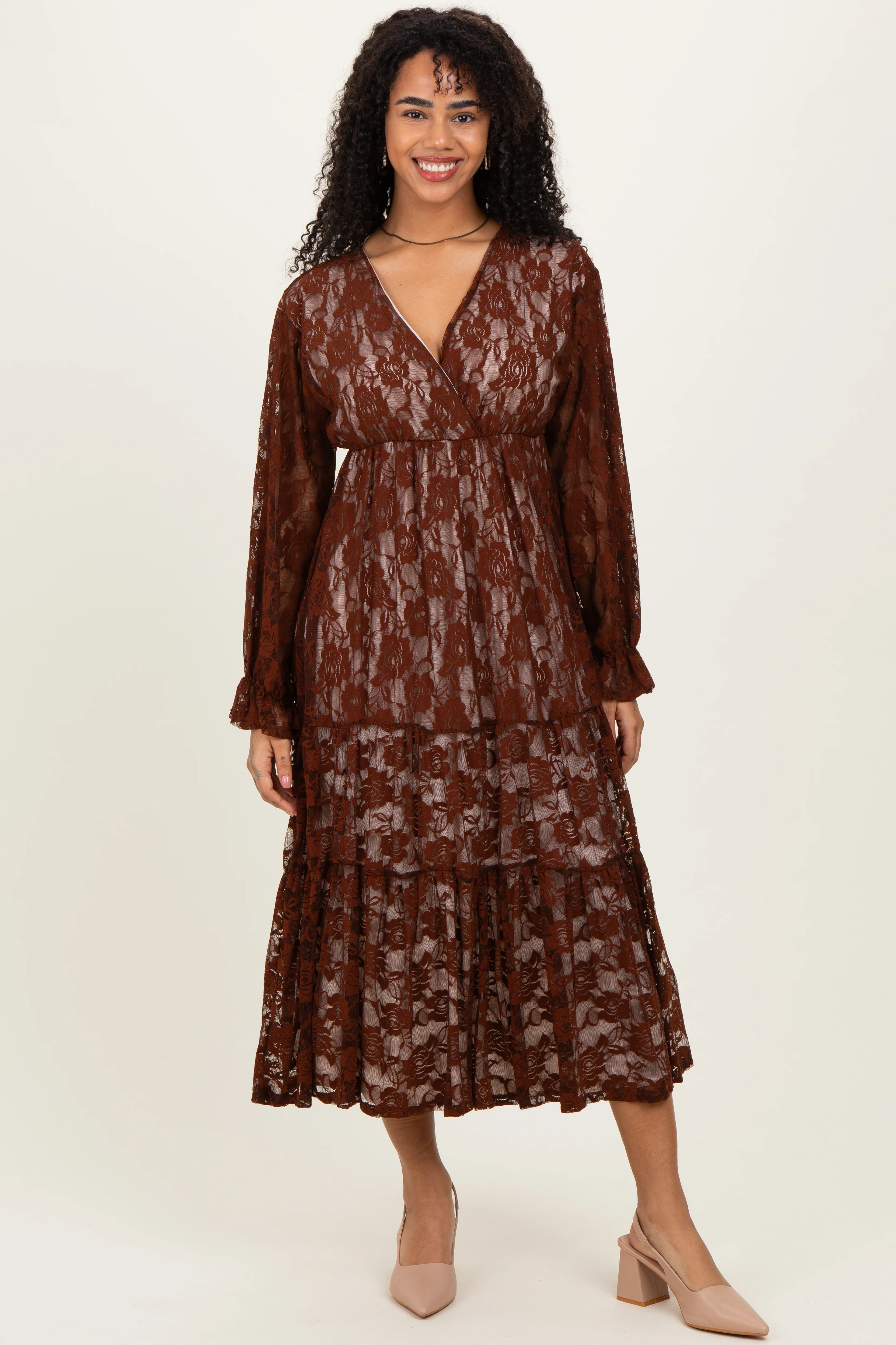 Brown Floral Lace Long Sleeve V-Neck Maternity Maxi Dress - Image 4