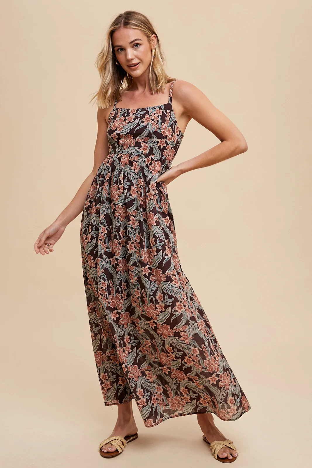 Brown Floral Lightweight Sleeveless Maternity Dress - Image 5