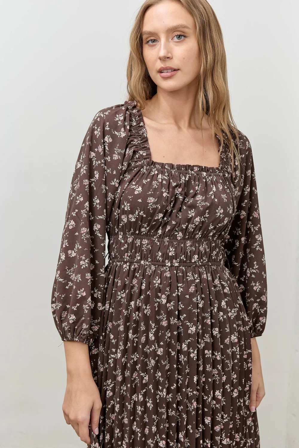 Brown Floral Long Sleeve Midi Dress - Image 4