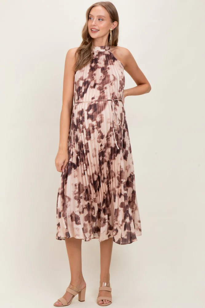 Brown Floral Pleated Halter Maternity Midi Dress - Image 3