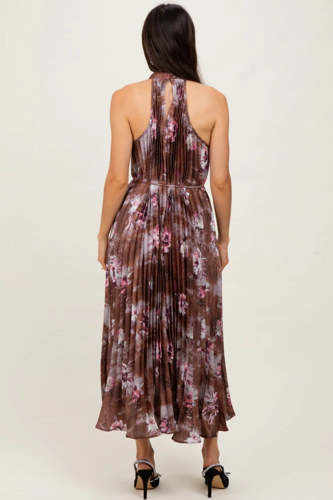 Brown Floral Pleated Halter Midi Dress - Image 3