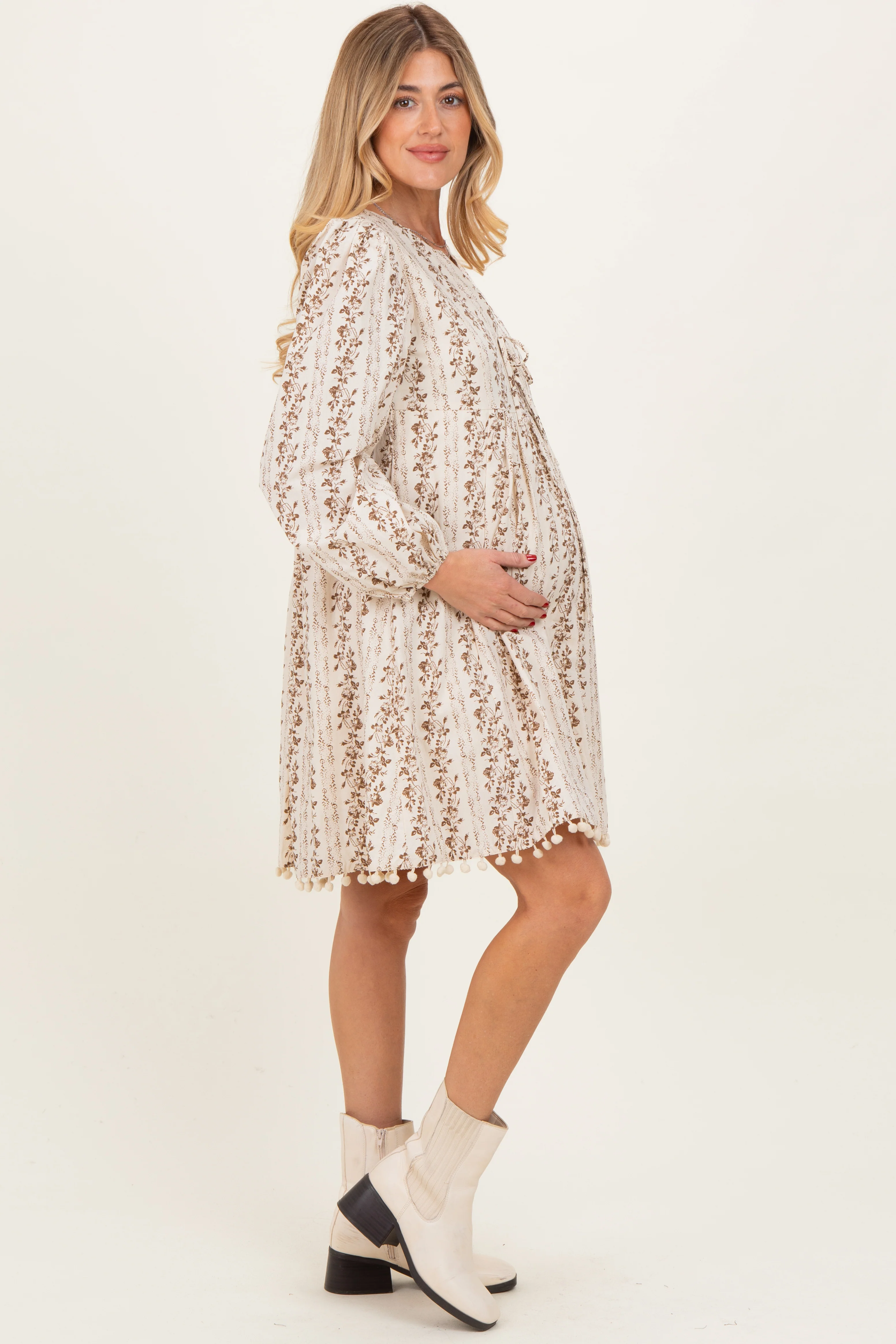 Brown Floral Pom Accent Hem Long Sleeve Maternity Dress - Image 3