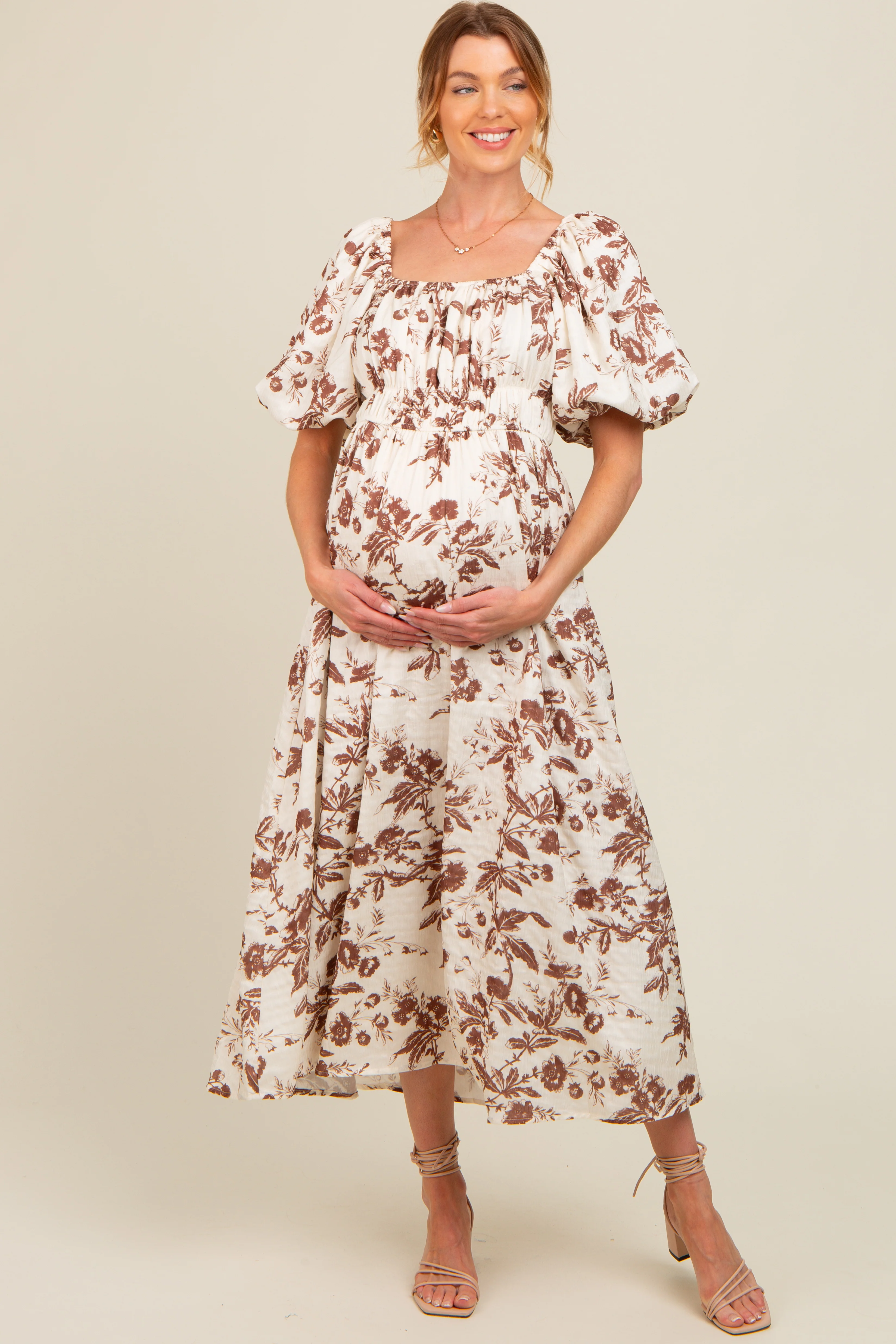 Brown Floral Puff Sleeve Maternity Midi Dress - Image 3