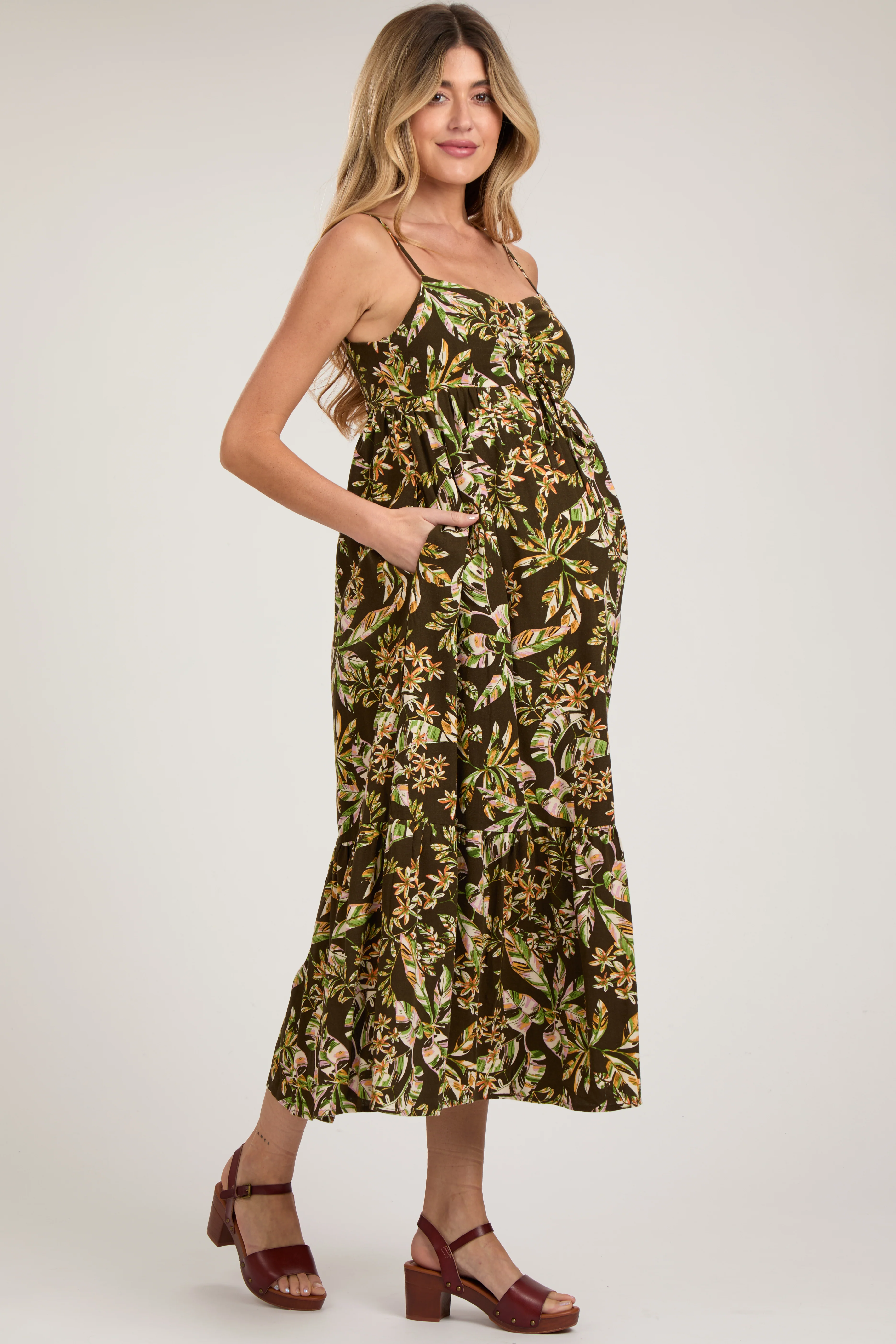 Brown Floral Sleeveless Front Cinched Maternity Midi Dress - Image 3