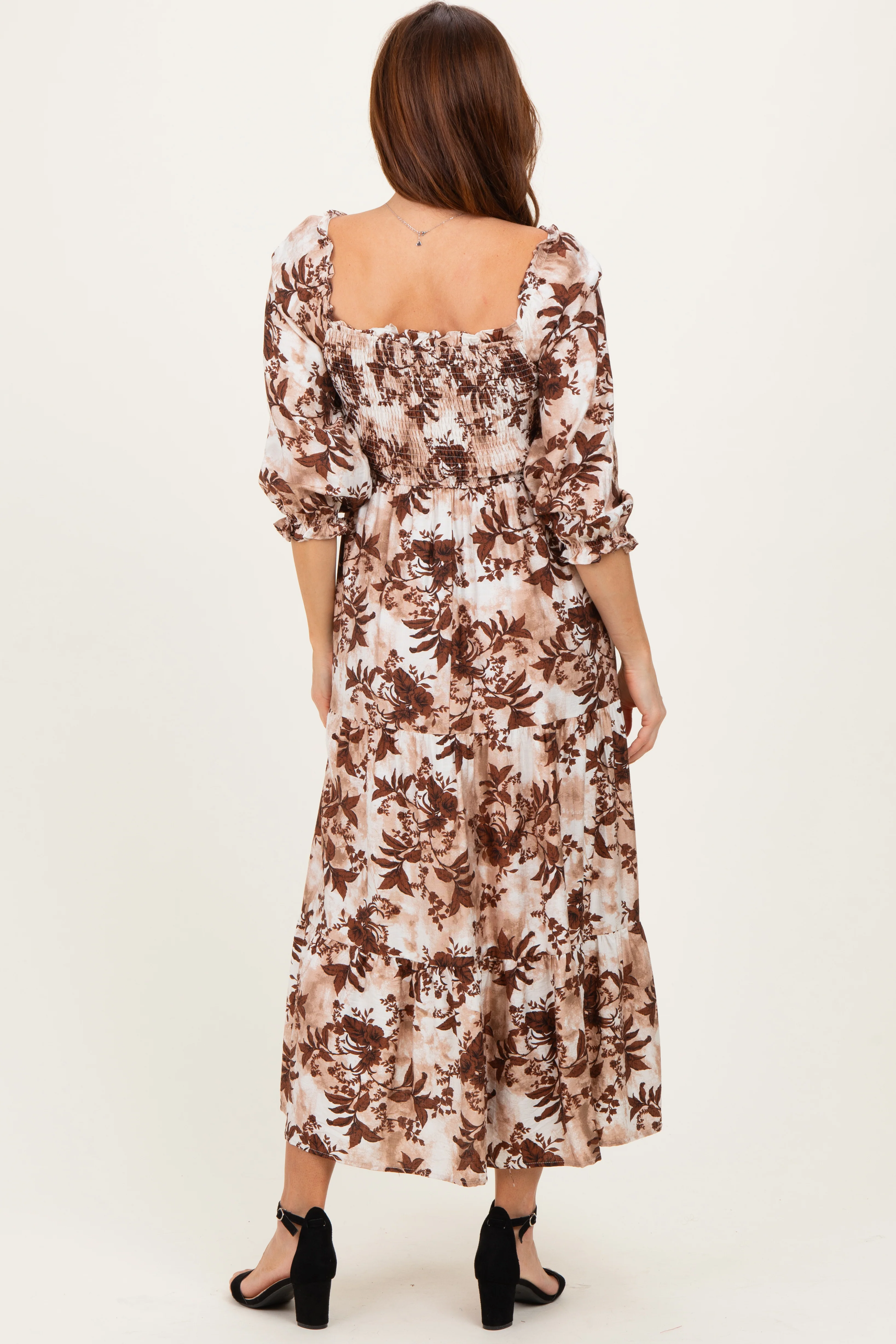 Brown Floral Smocked Front Tie Maxi Dress - Image 4