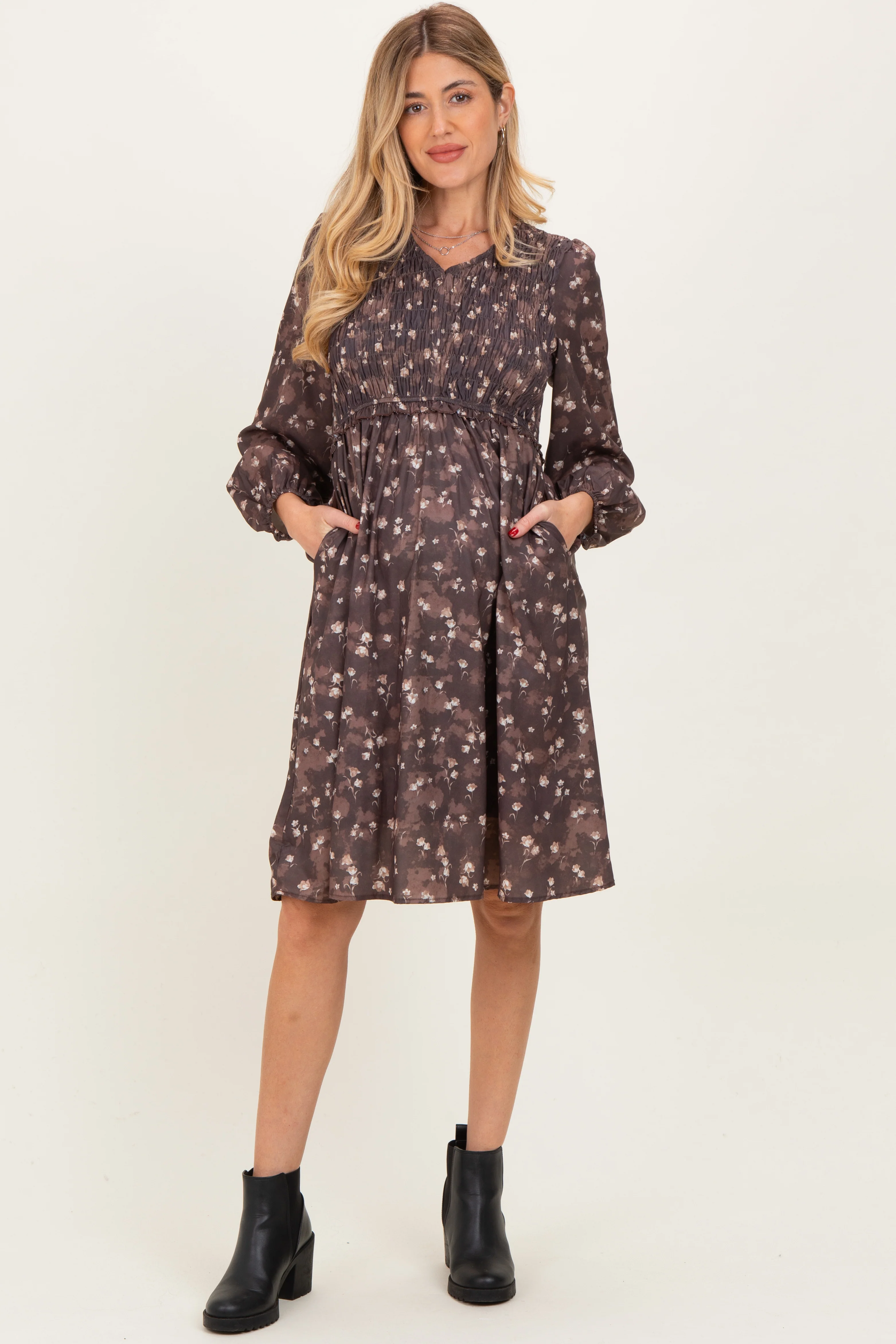 Brown Floral Smocked Long Sleeve Maternity Dress - Image 2