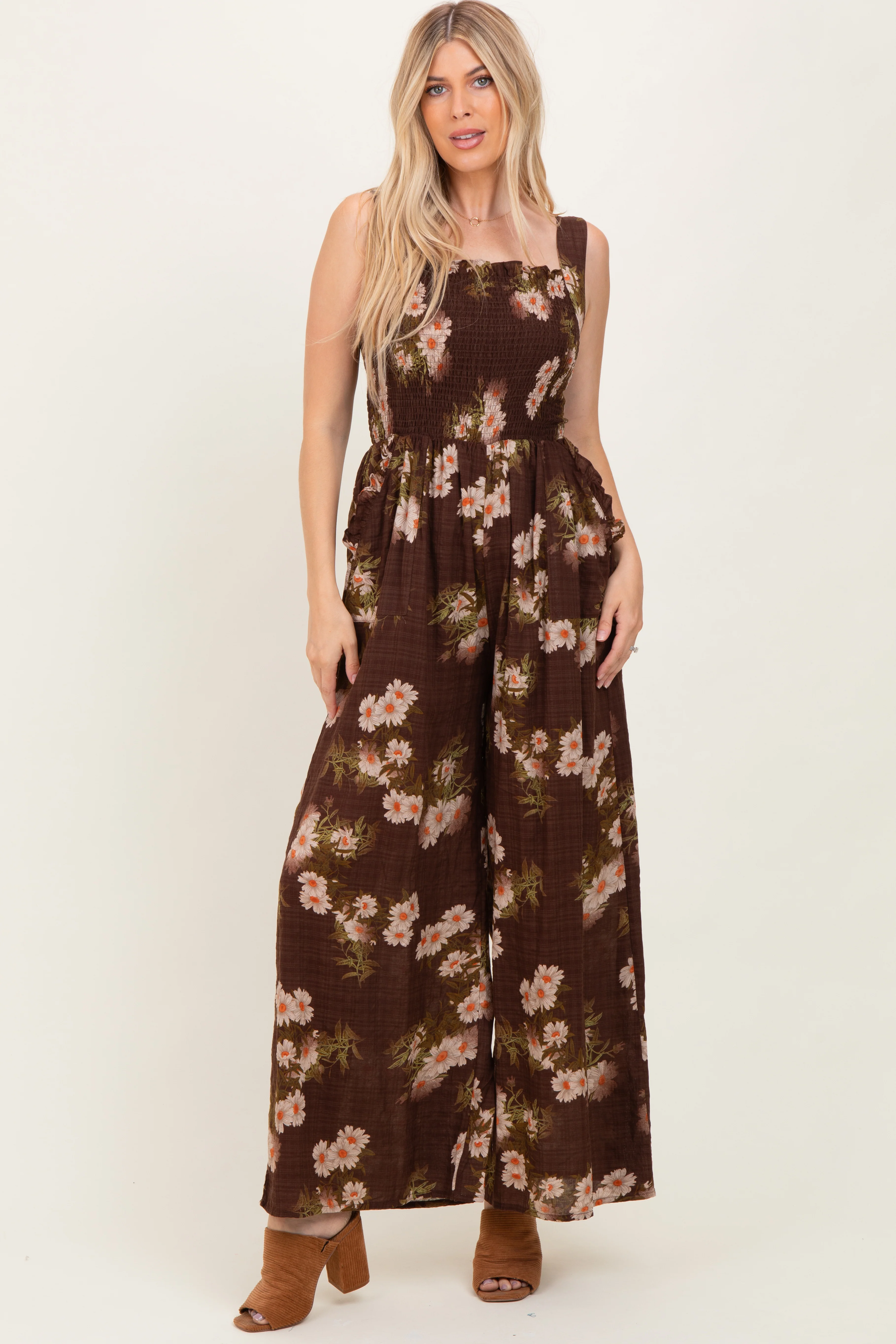 Brown Floral Smocked Maternity Jumpsuit - Image 4