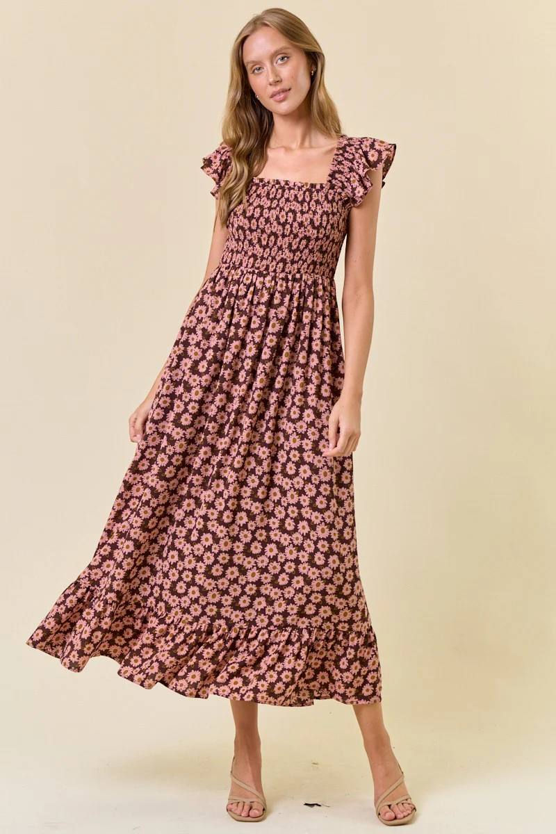 Brown Floral Smocked Maternity Midi Dress - Image 4