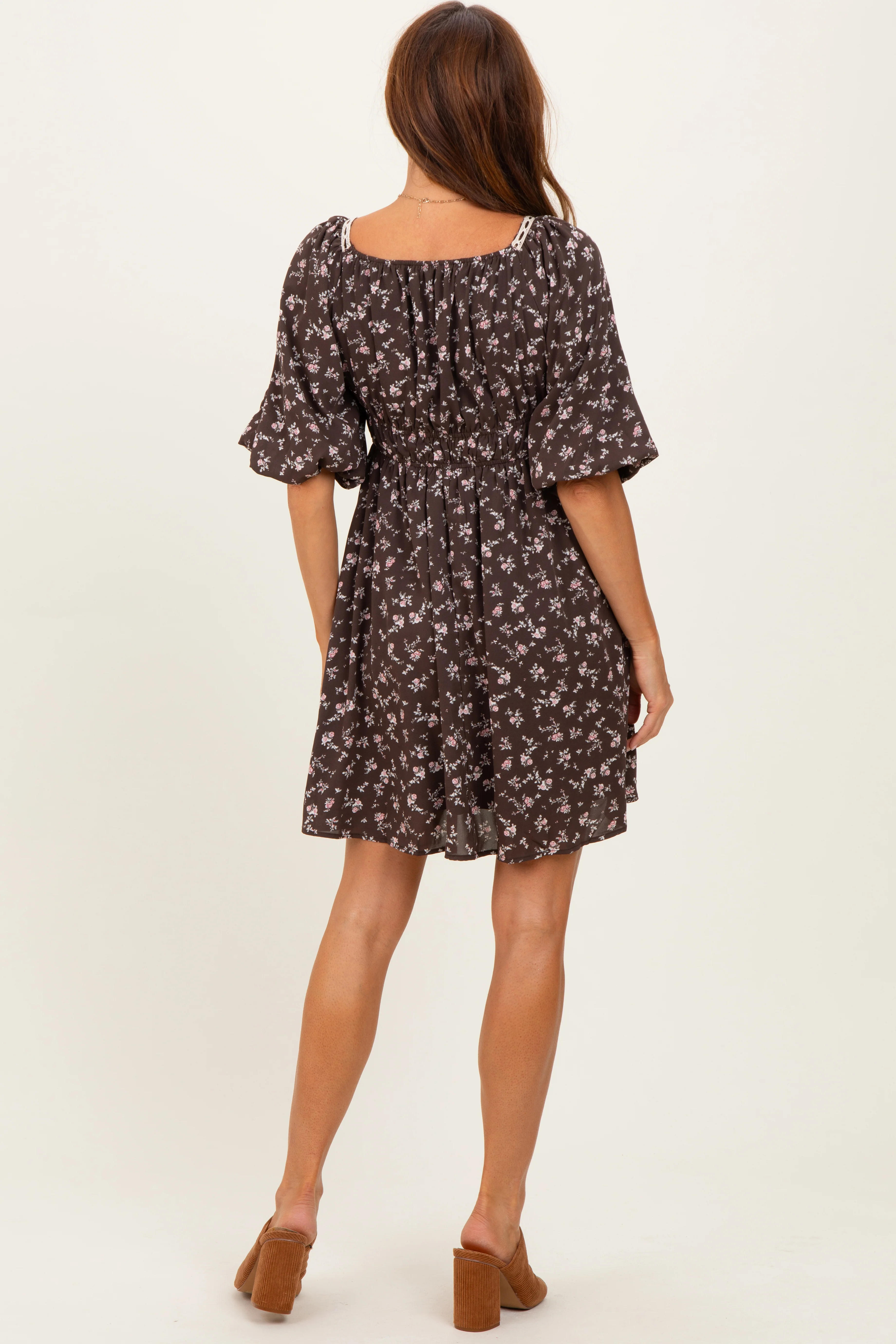 Brown Floral Square Neck Bubble Sleeve Dress - Image 4