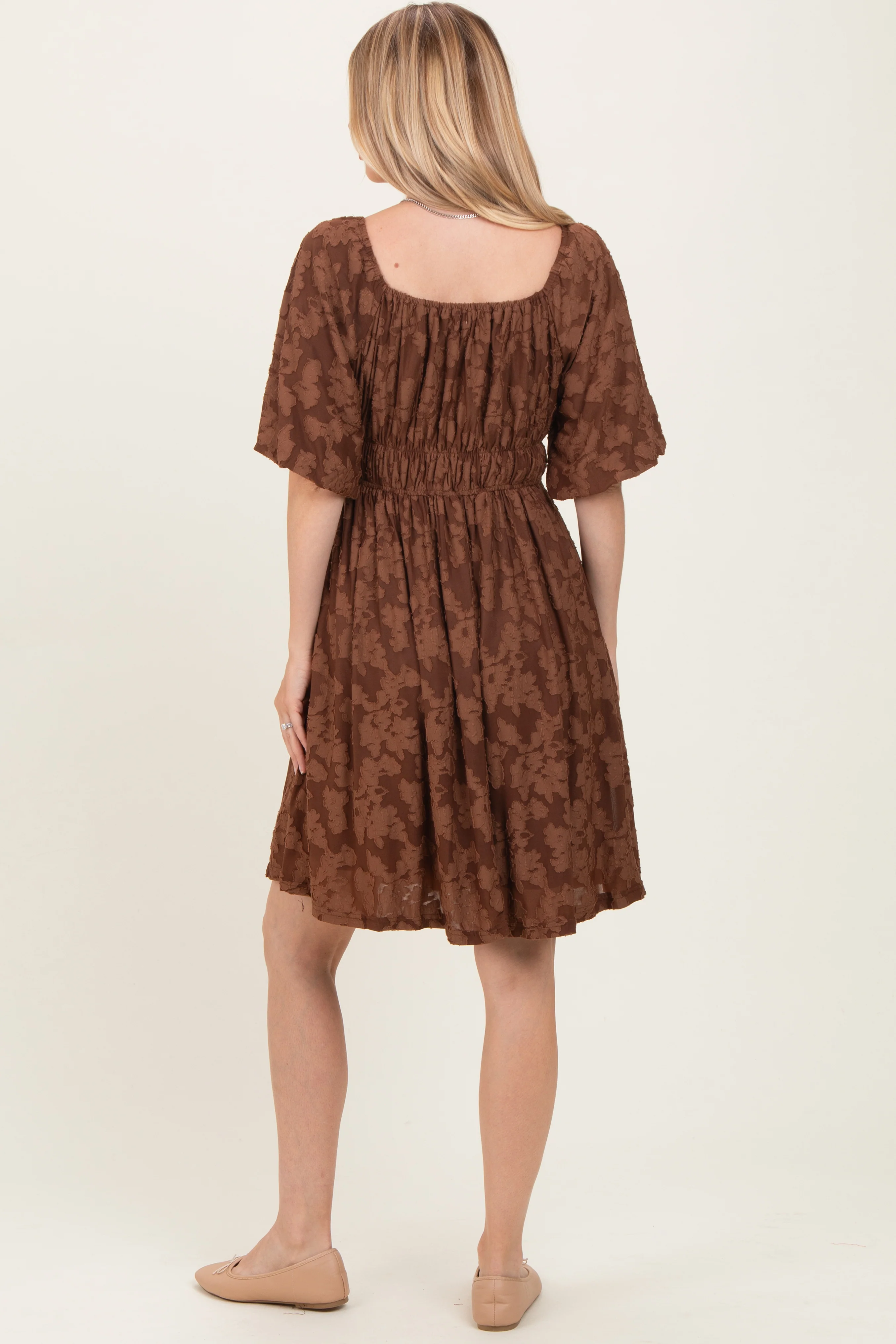 Brown Floral Square Neck Dress - Image 4