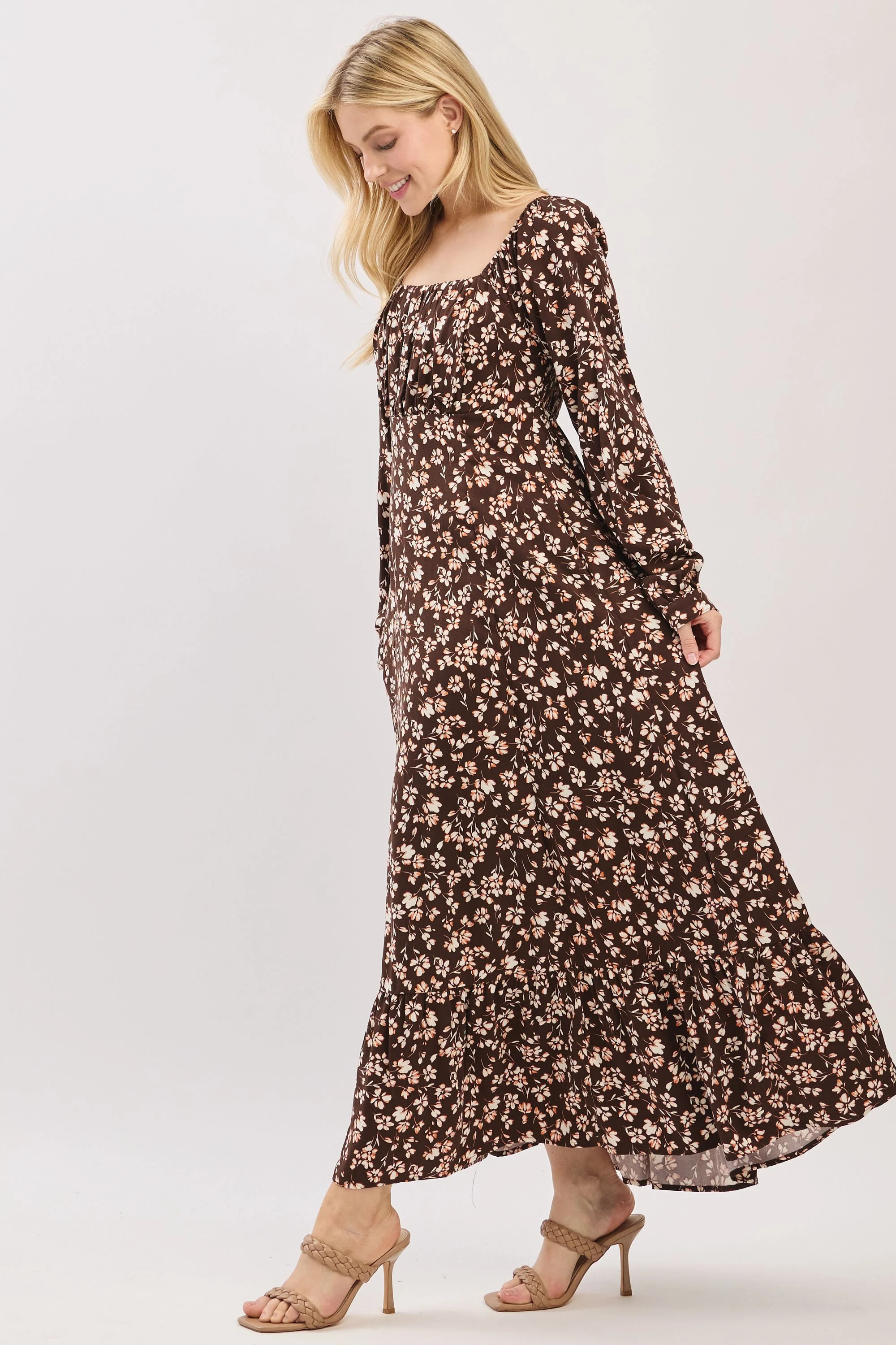 Brown Floral Square Neck Long Sleeve Maxi Dress - Image 3